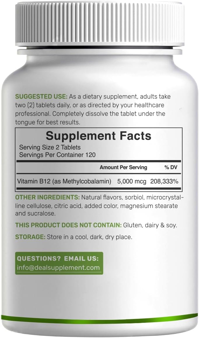 DEAL SUPPLEMENT Methyl B-12 Vitamins 5000 mcg Per Serving, 240 Tablets | Active Form - Strawberry Flavored - Vitamin B12 Supplement for Women & Men - GMO Free & Gluten Free