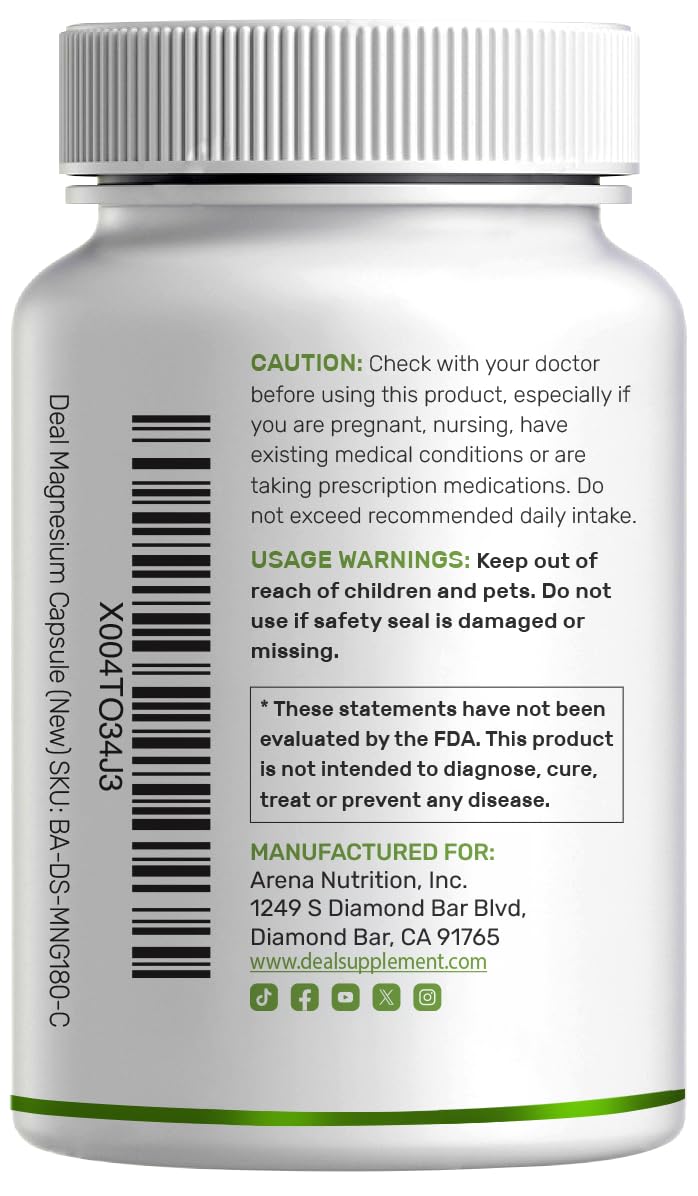 Deal Supplement Magnesium Glycinate 500mg, 240 Veggie Capsules | 100% Chelated for Easy Absorption | Essential Mineral Supplement | Non-GMO, Gluten-Free