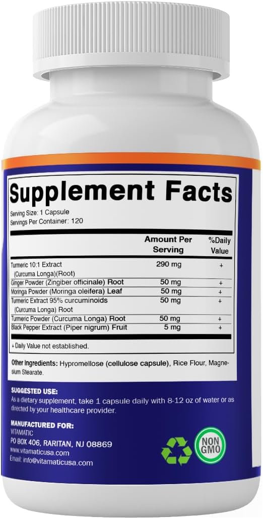 Vitamatic Turmeric Curcumin with Black Pepper, Ginger & Moringa – 120 Vegetarian Capsules