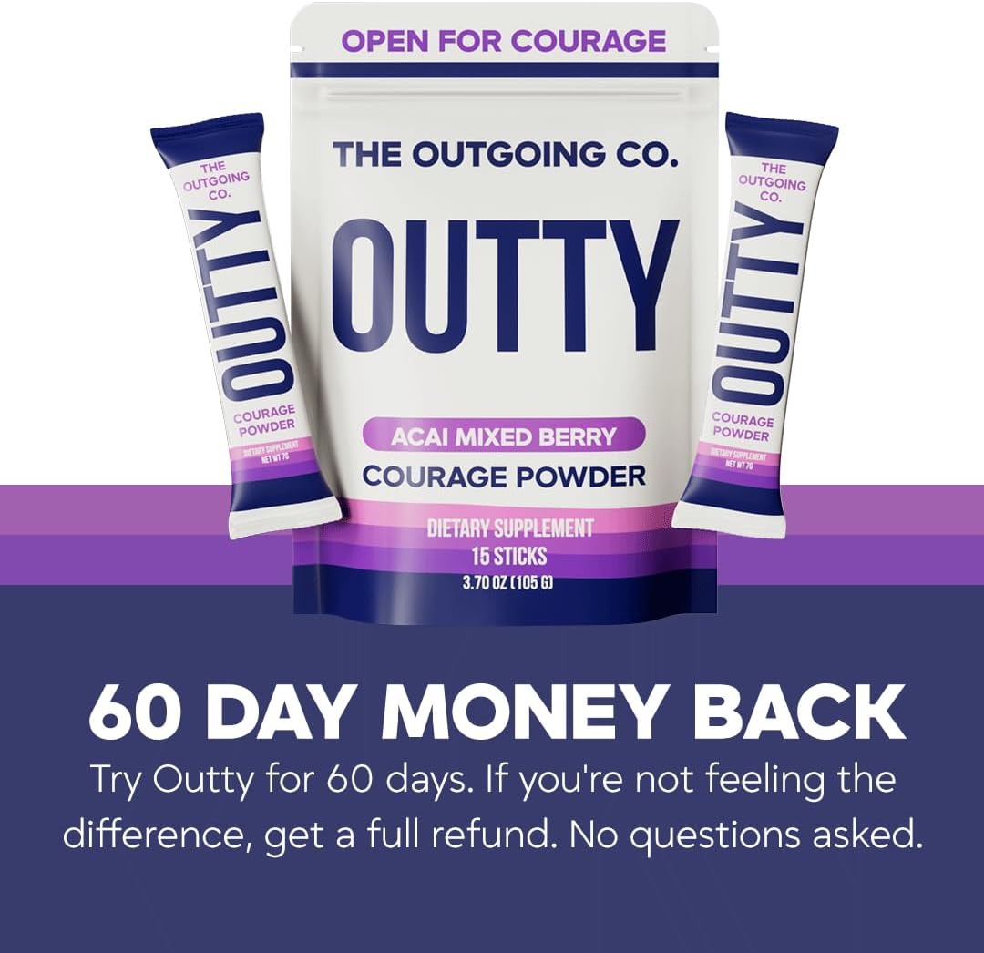 Outty Courage Powder Drink Mix, Acai Berry, 15 Pack | Taurine, L-Theanine, Mucuna Pruriens, GABA, Oroxylin A, zero sugar, caffeine-free, keto-friendly, and made in the USA.