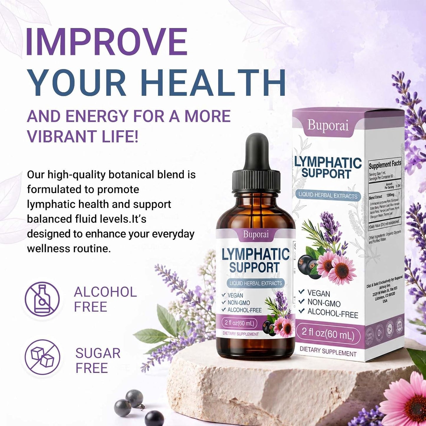 Lymphatic Support Drops Liquid –Lymph Drainage for Women & Men, Herbal Blend with Echinacea, Elderberry & Thyme, Alcohol-Free Glycerin Extract, Immune & Detox Support, 2 fl oz (60 Servings) (1)