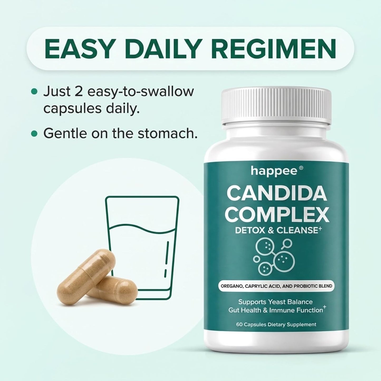Happee Candida Complex Supplement – Candida Cleanse for Overgrowth Support – Caprylic Acid, Oregano & Probiotics for Yeast Balance, Gut & Immune Support – 60 Caps