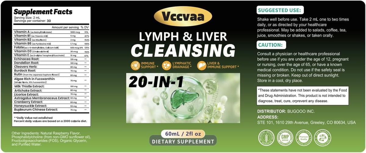 20-in-1 Liposomal Lymphatic Drainage Drops & Liver Cleanse Detox - Fast-Absorbing Lymphatic Support Liquid Drops with Milk Thistle, Dandelion, Burdock & Fucoxanthin, Raspberry, 2 Fl Oz