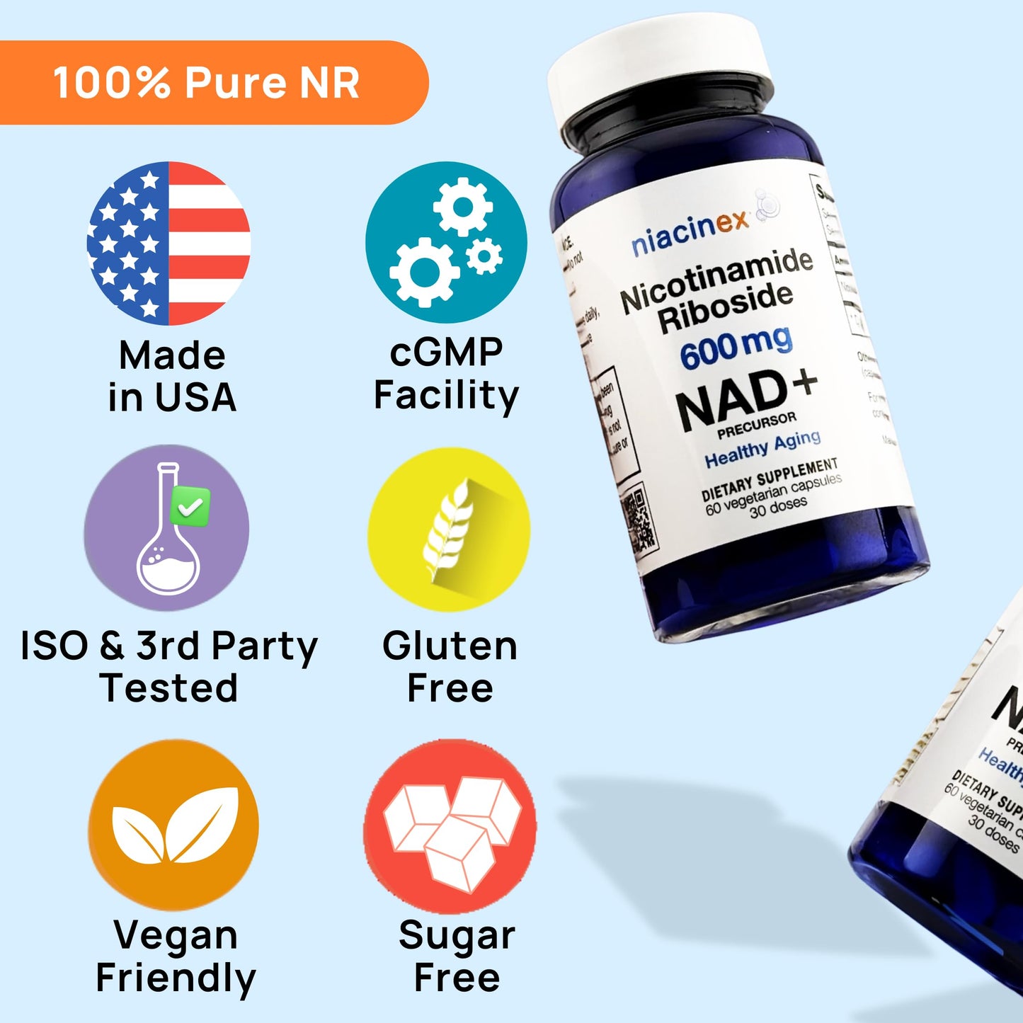 NAD+ Supplement - 600mg Pure Nicotinamide Riboside (NR) - Healthy Aging, Mental Clarity & Energy Booster - Cell Regeneration Supplements for Women and Men - 60 NAD Plus Capsules - Made in USA