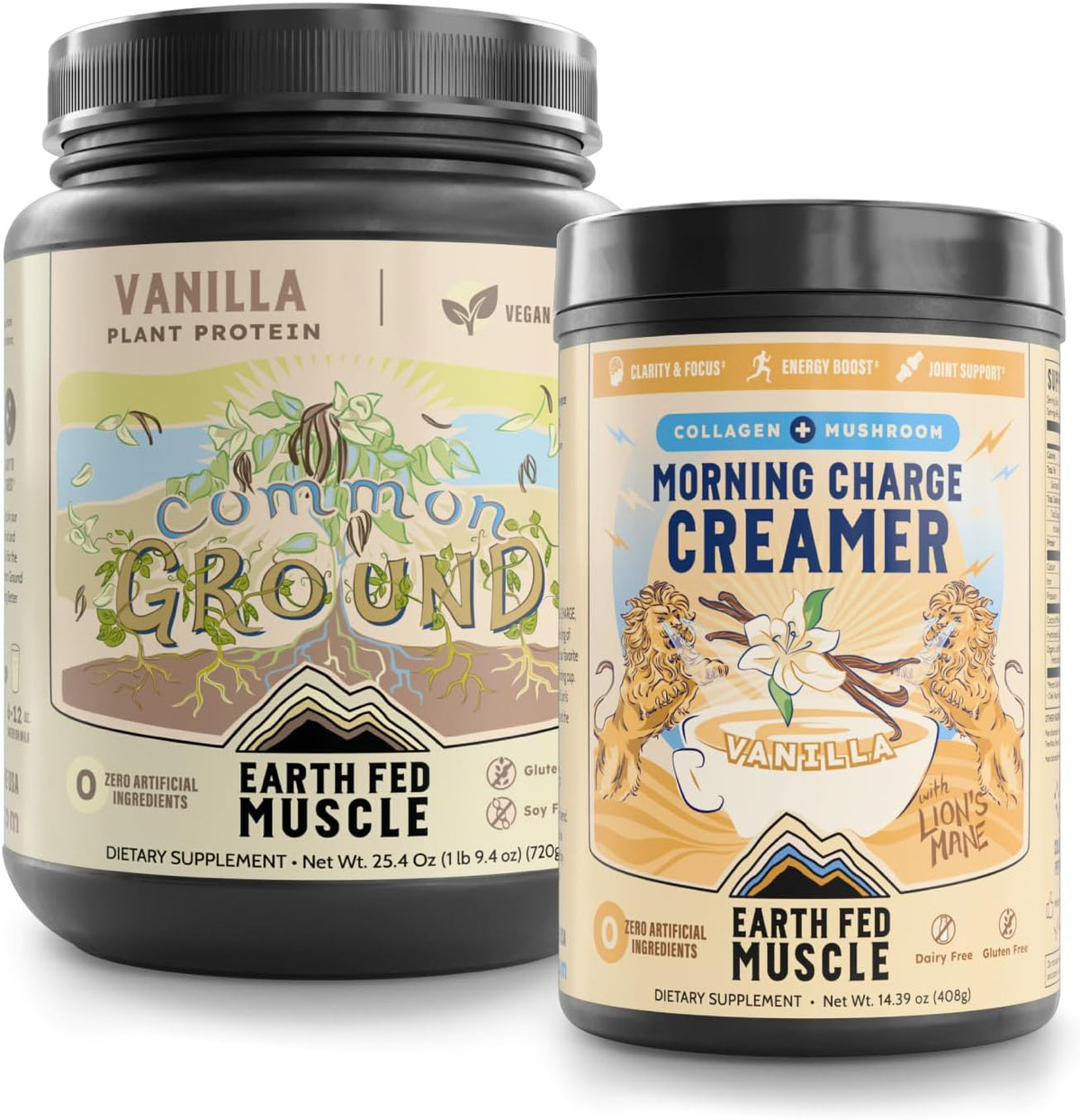 Earth Fed Muscle Plant-Powered Performance Bundle – Common Ground Vegan Vanilla Protein + Morning Charge Coffee Creamer with Collagen & Lion’s Mane – Clean Energy, Focus & Recovery – 2-Pack