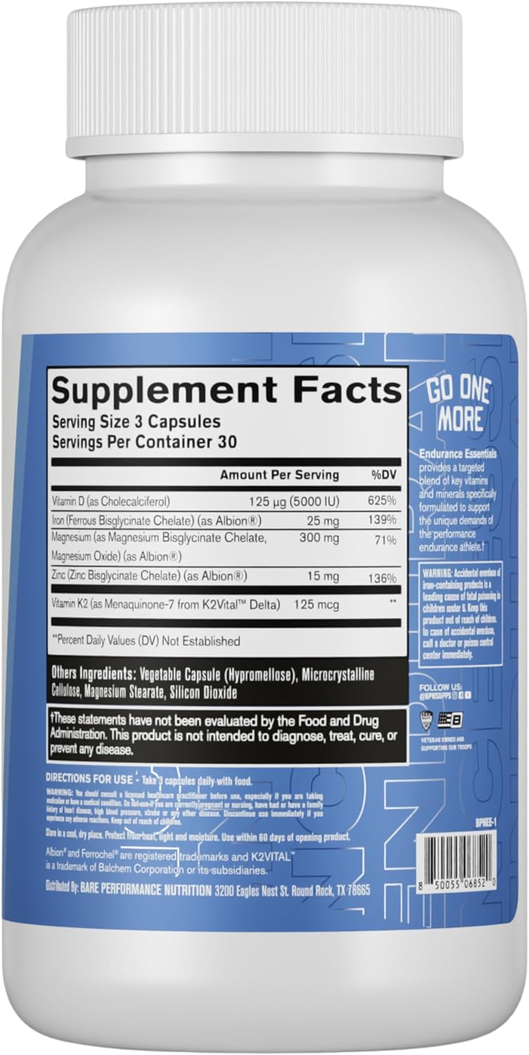 BARE PERFORMANCE NUTRITION Endurance Essentials | Endurance Athlete Daily Multivitamin | NSF Certified for Sport | Supports Energy, Muscle Function, Immune & Bone Health | 30 Capsules