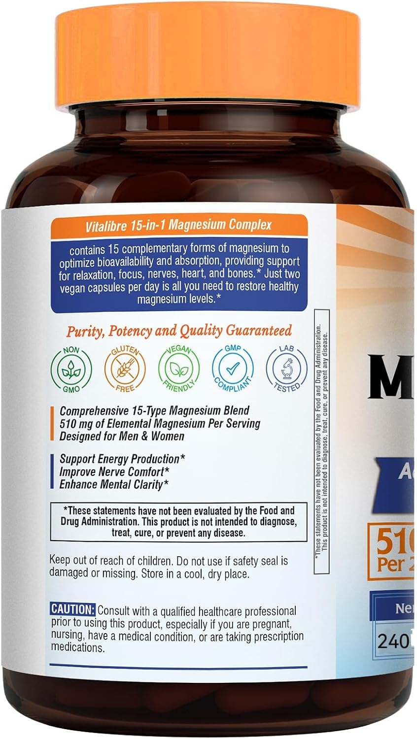 Vitalibre 15 in 1 Magnesium Complex for Women & Men 510mg, 240 Capsules | Maximum Absorption Glycinate, Malate, Taurate, Citrate and More for Bones, Heart, Recovery, Energy | Non-GMO