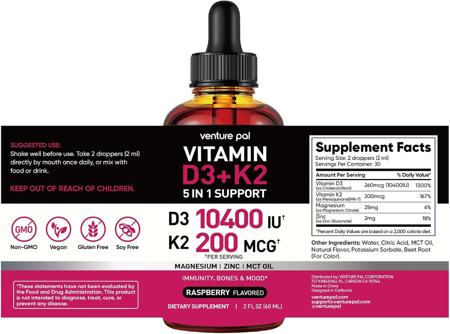 5-in-1 Vitamin D3 K2 Drops, Vitamin D3 10400 IU & K2(MK-7) 200mcg | With Magnesium, MCT Oil, Zinc, Maximum Absorption Vitamin D Liquid for Bone, Mood & Immune - Sugar Free | 2 FL OZ | 60 Days