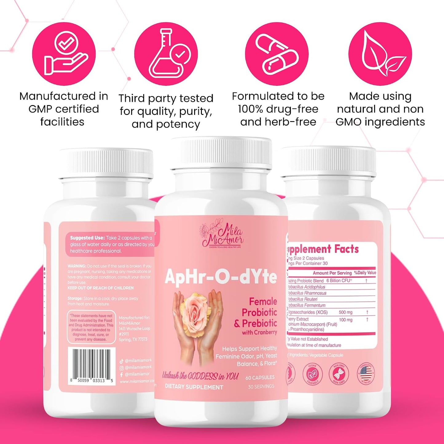 Mila Miamor ApHr-O-dYte Women’s Probiotic and Prebiotic with Cranberry - Gluten-Free, Non-GMO Supplement for Feminine Health, pH Balance, Odor Control, Urinary Tract - 60 Capsules