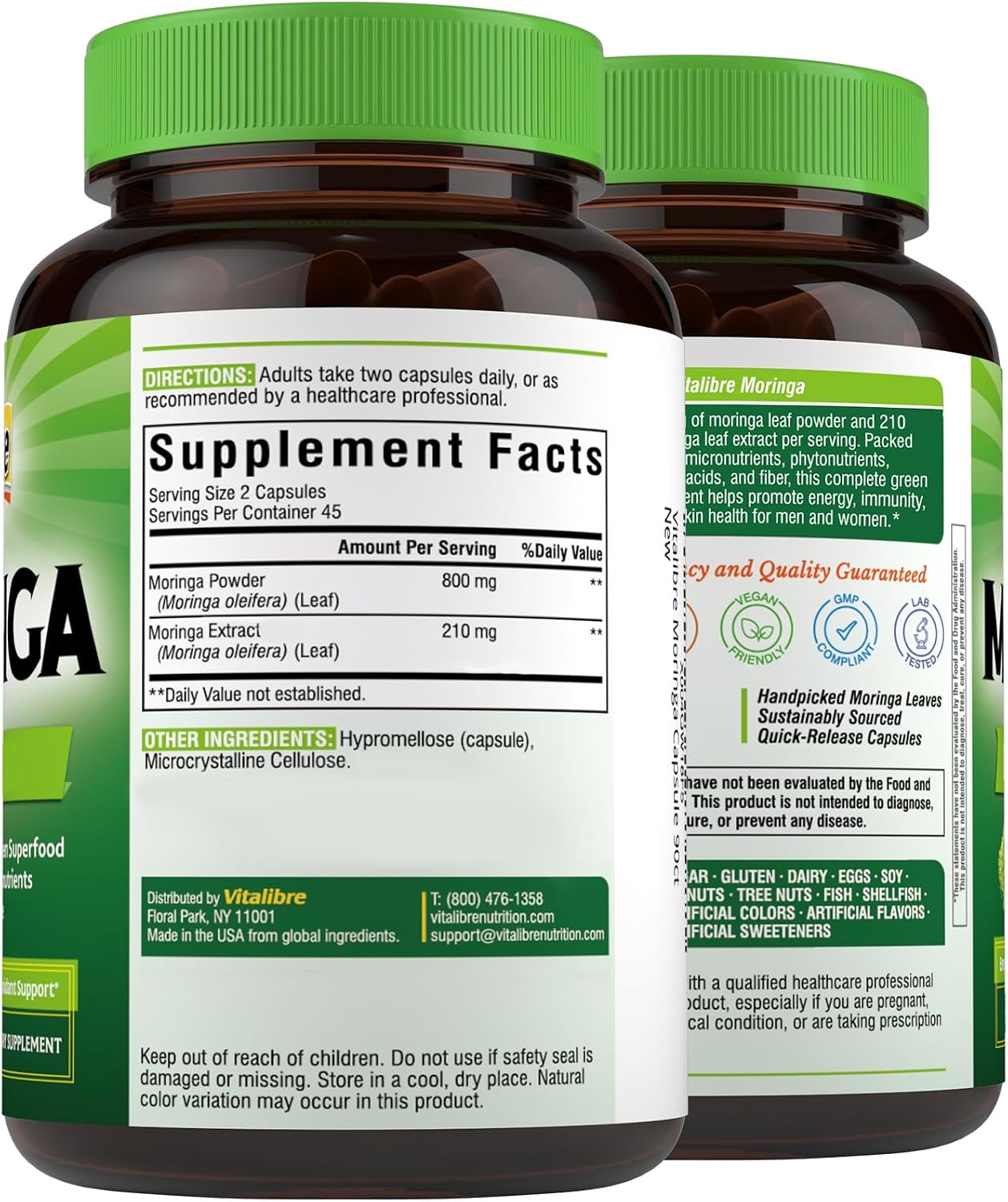 Moringa 1,010 mg, Maximum Potency, Complete Green Superfood, Rich in Antioxidants, No Gluten & Caffeine, Non-GMO, Energy, Immune, Gut & Skin Health, 90 Vegan Capsules