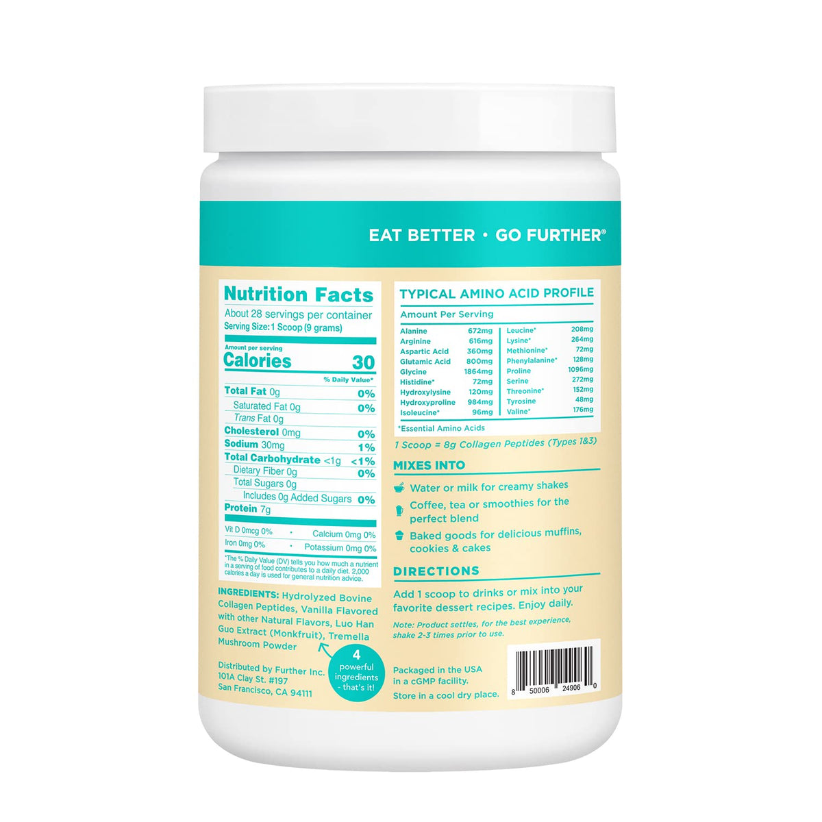 Further Food Collagen Peptides Powder Vanilla Flavored Keto Grass-Fed Collagen Type