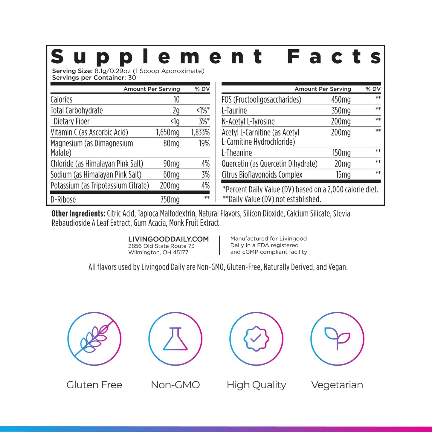 Livingood Daily Electrolytes Powder Strawberry Lemonade, 30 Servings - 4in1 Hydration Powder with Vitamin C, Taurine, D Ribose & FOS, Sugar Free Electrolyte Drink Mix, Keto, Gluten Free - Made in USA