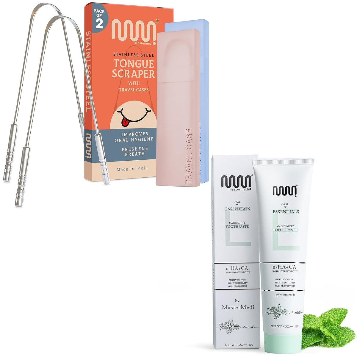 Tongue Scraper Pack of 2 with Travel Cases & Nano Hydroxypatite Toothpaste