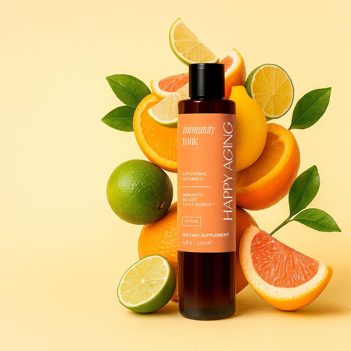Happy Aging Immunity Tonic | Liposomal Vitamin C Supplement | Immune Defense, Antioxidant Protection & Daily Energy | Citrus Flavor, 1000mg, 150ml