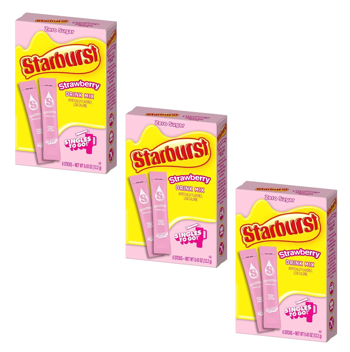 Starburst Singles To Go Powdered Drink Mix, All Pink Strawberry, 3 Boxes with 6 Packets Each - 18 Total Servings, Sugar-Free Drink Powder, Just Add Water, 6 count (Pack of 3)