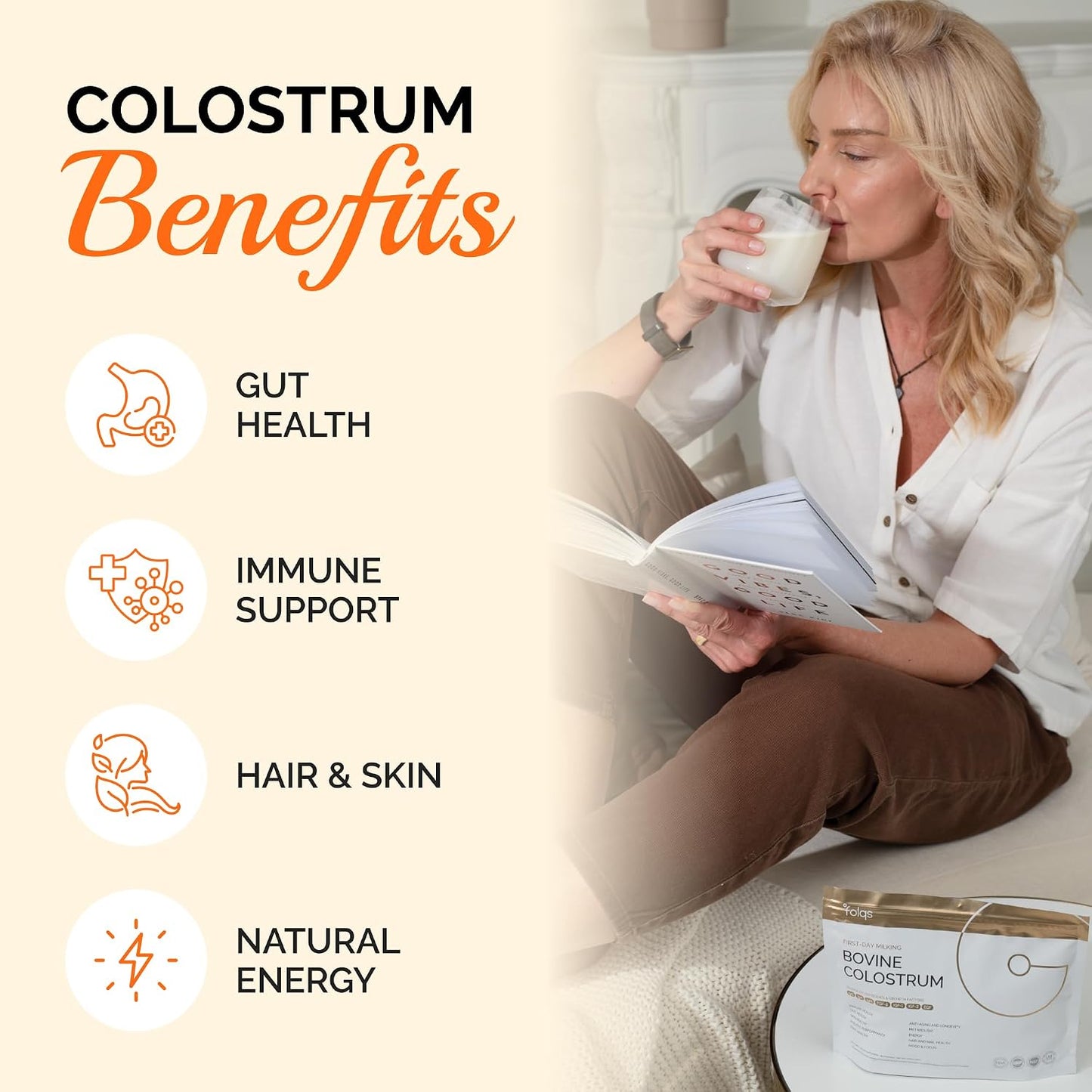 Bovine Colostrum Powder, First Day Milking, Immune & Gut, 60 Servings | First-Day Milking, Colostrum Supplement, Supports Skin & Tissue, Made in USA, Amino Acids, Vitamins, Minerals, Kosher