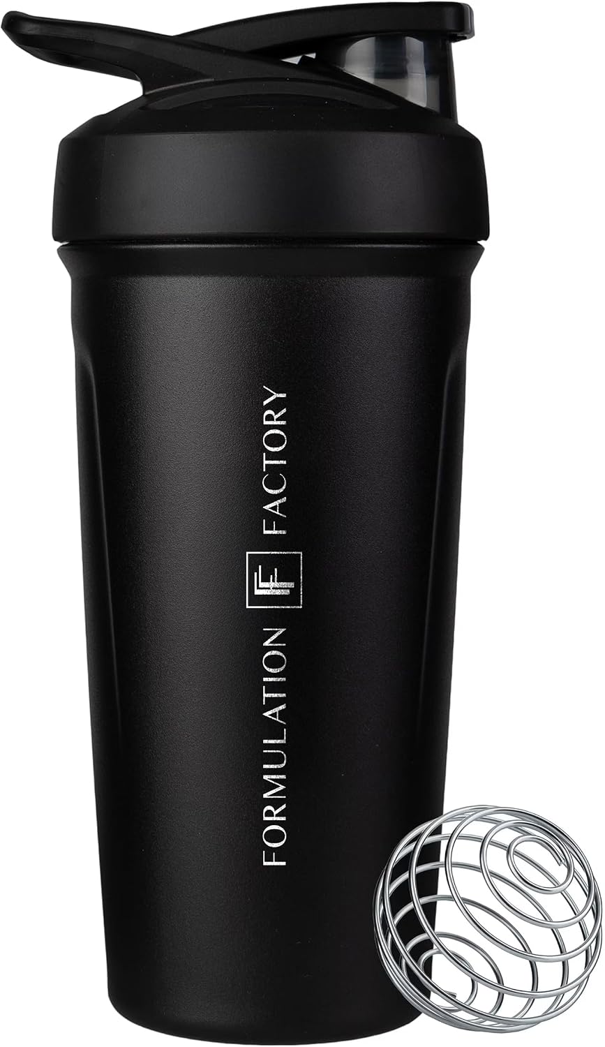 Formulation Factory Shaker Cup Insulated Stainless Steel Water Bottle with Wire Whisk, 25-Ounce, Black