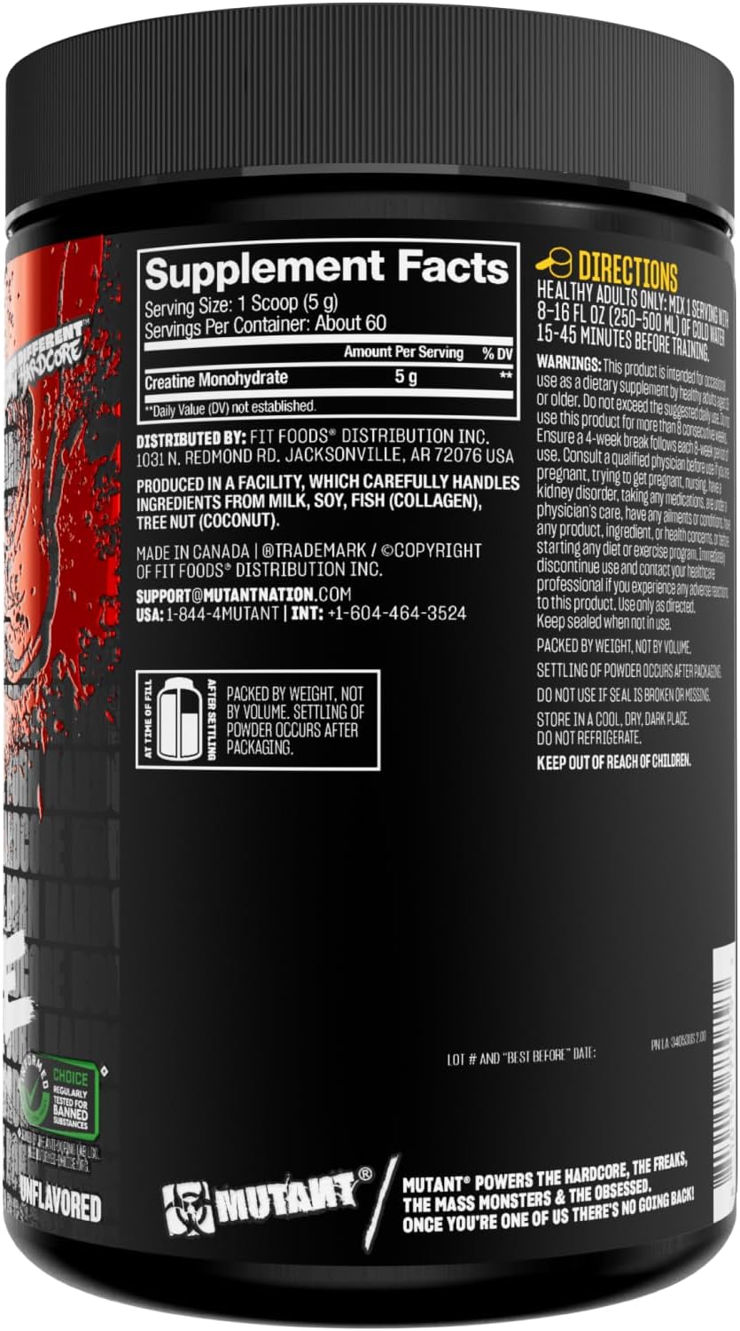 Mutant Creatine - Creatine Monohydrate Micronized Powder - Creatine Powder Supplement for Enhanced high-Intensity Performance - 60 Servings- 300 g - Unflavored