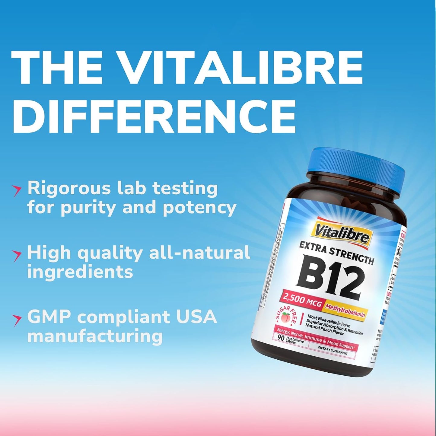 Vitalibre Vitamin B12 2500 mcg, Extra Strength Sublingual Methylcobalamin, Natural Peach Flavor, Nervous System, Energy Support, No Sugar, 90 Fast Dissolve Tablets