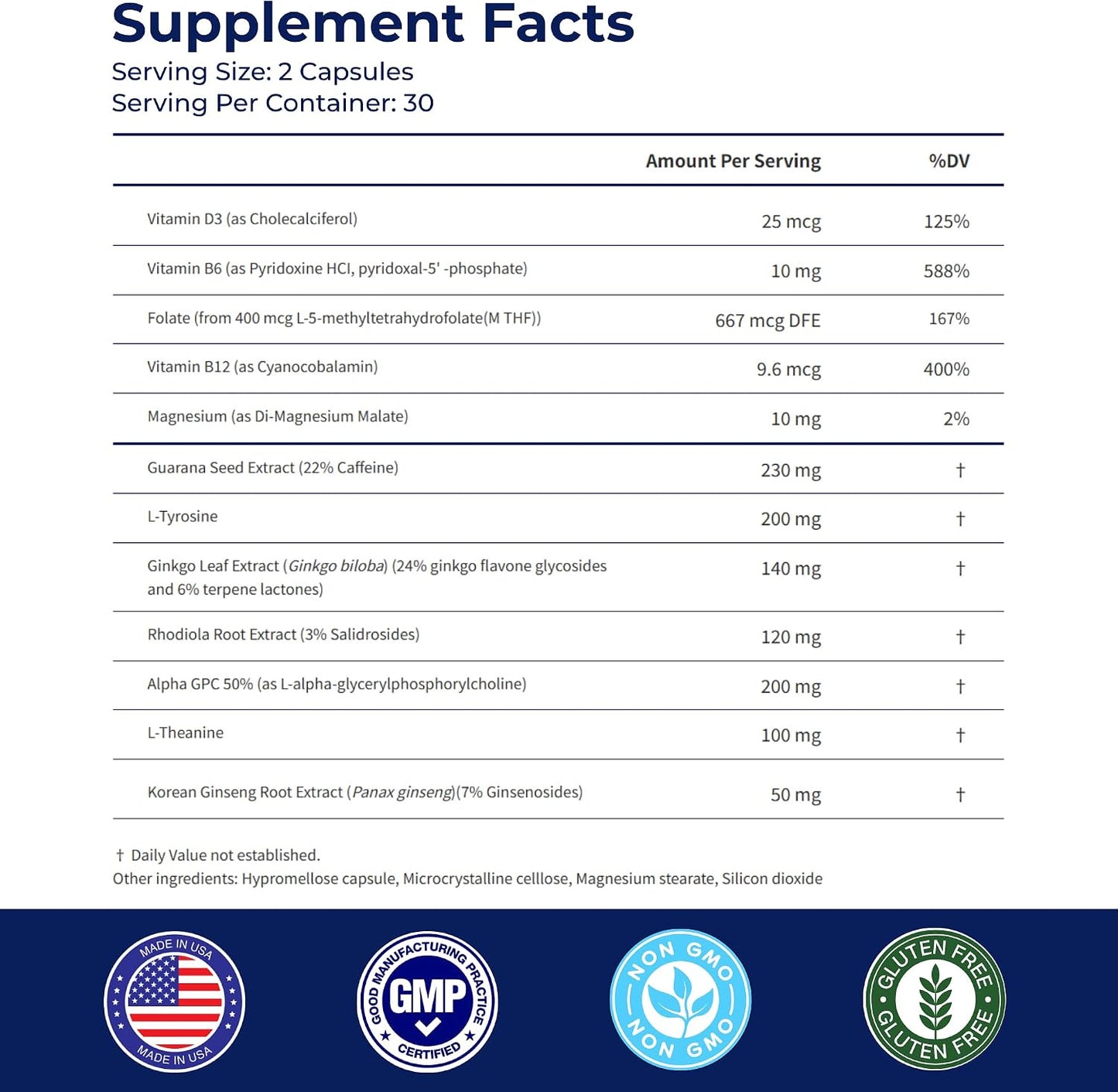BONE SCIENCE Prime Brain Memory & Focus Support Supplement for Adults, Alpha GPC, Ginkgo Biloba, L-Theanine, Rhodiola, L-Tyrosine & Guarana, Cognitive Support Formula, 60 Capsules