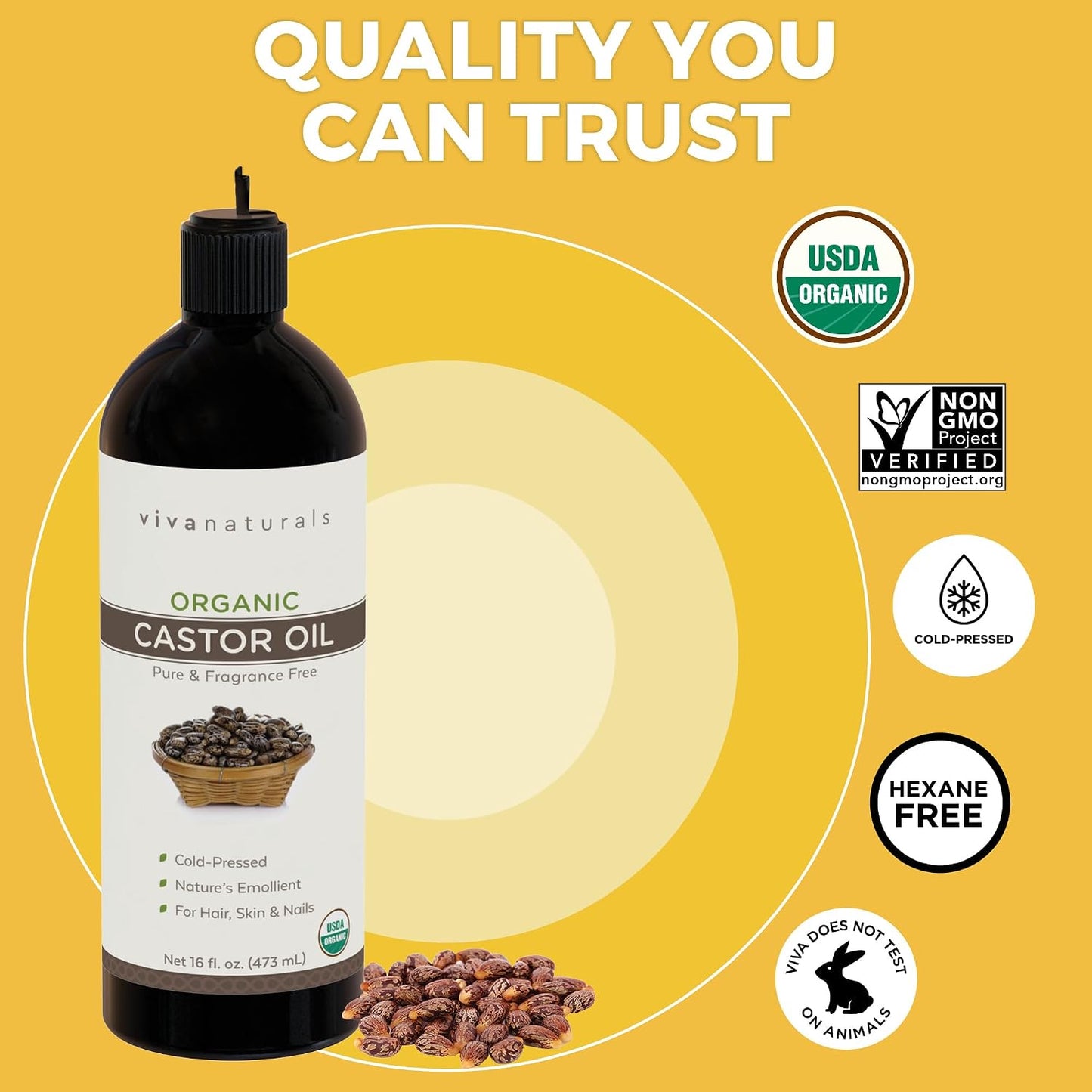 Viva Naturals Organic Castor Oil, Cold-Pressed, 16 fl oz – For Face, Hair, Eyelashes, USDA Organic, Non-GMO - With Beauty Kit