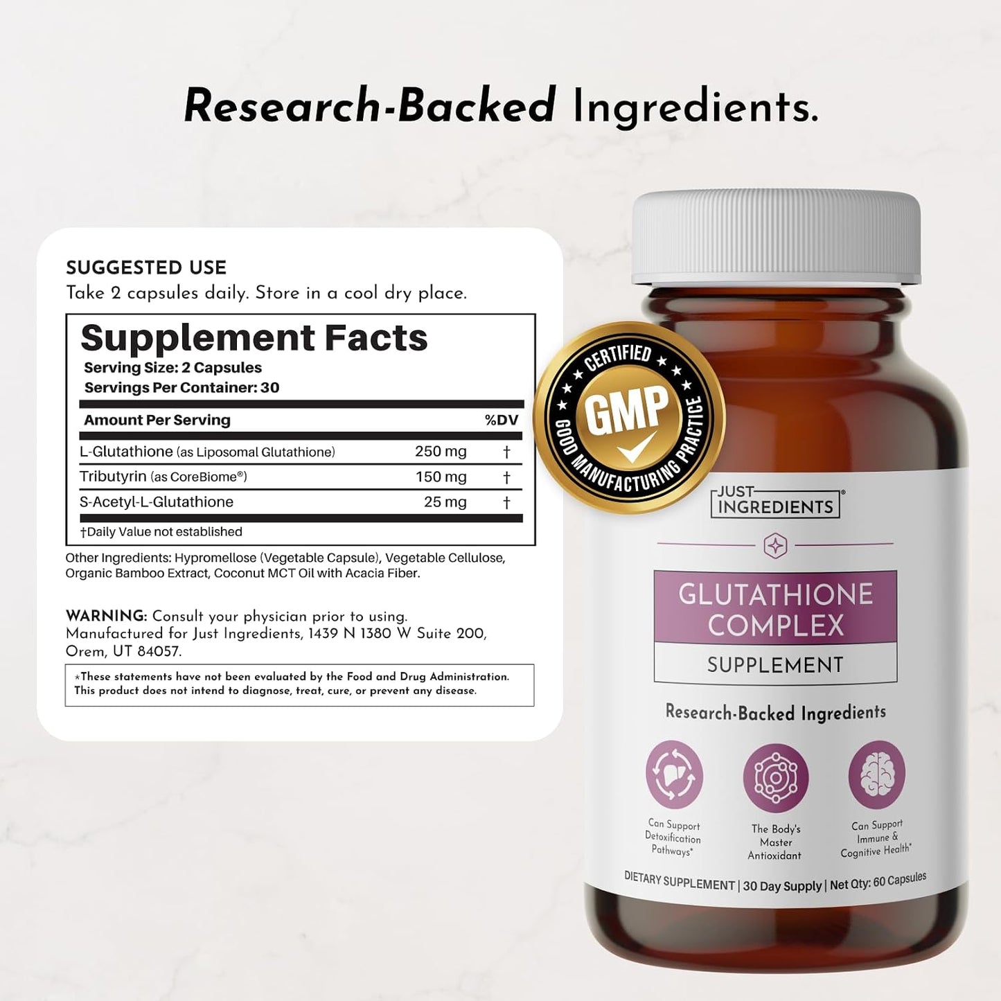 JUST INGREDIENTS Glutathione Complex - Liposomal, S-Acetyl-L-Glutathione, Tributyrin - 60 Capsules
