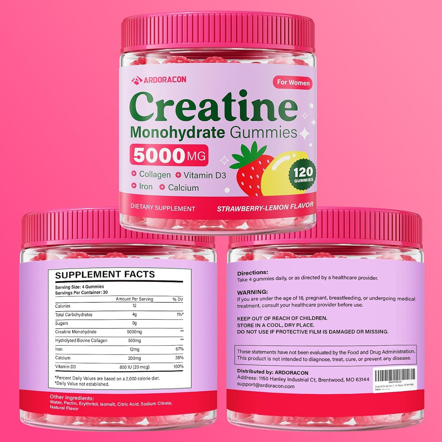 Creatine for Women, Creatine Monohydrate Gummies with Collagen, Vitamin D3 & Calcium for Muscle Support & Energy, Flavored Sugar Free Creatine Gummies Post & Pre Workout Supplements for Women, 120 Ct