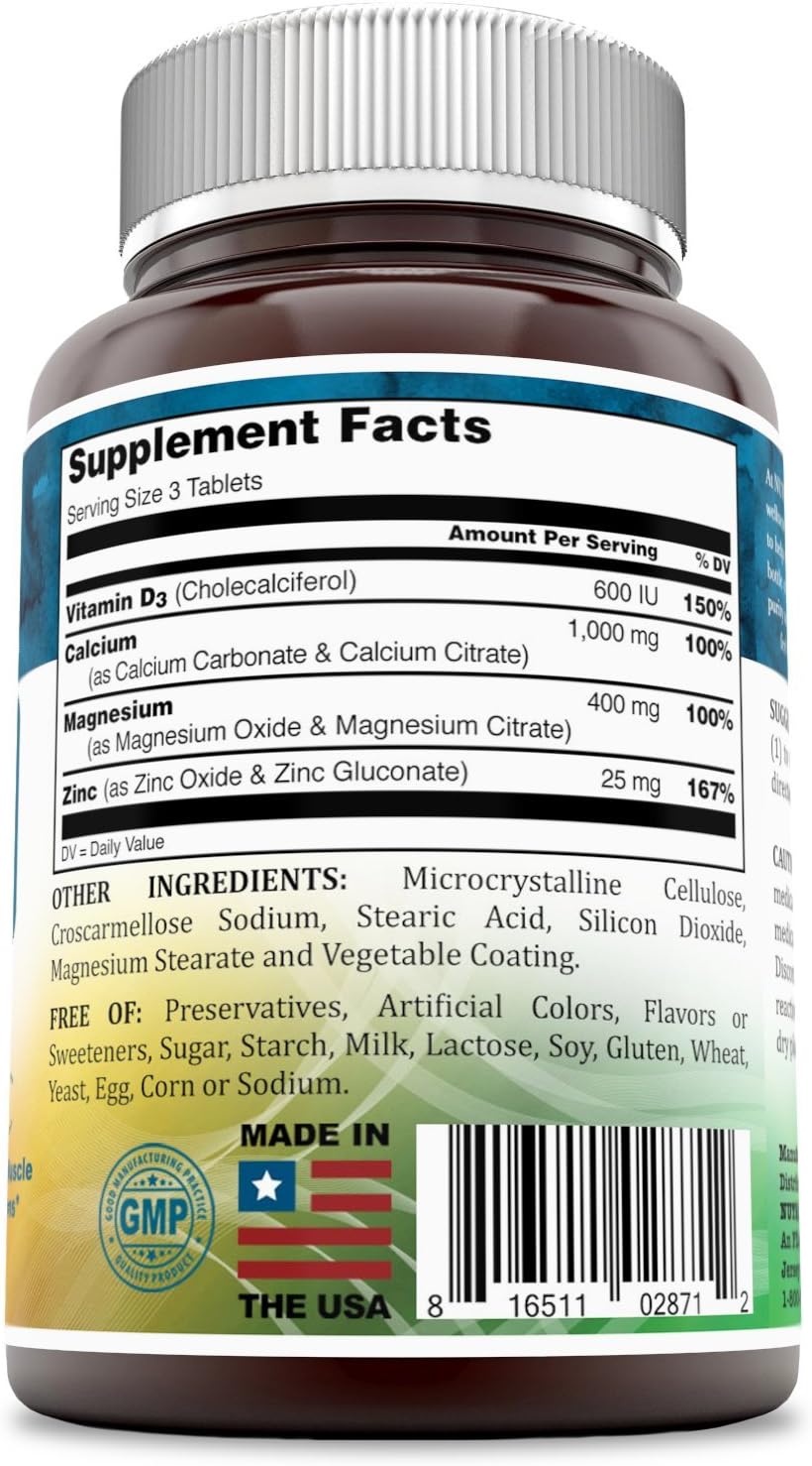Calcium Magnesium Zinc + Vitamin D3 Tablets- Promotes Strong Bones & Teeth, Support Nerve & Muscle Function* (300 Count)