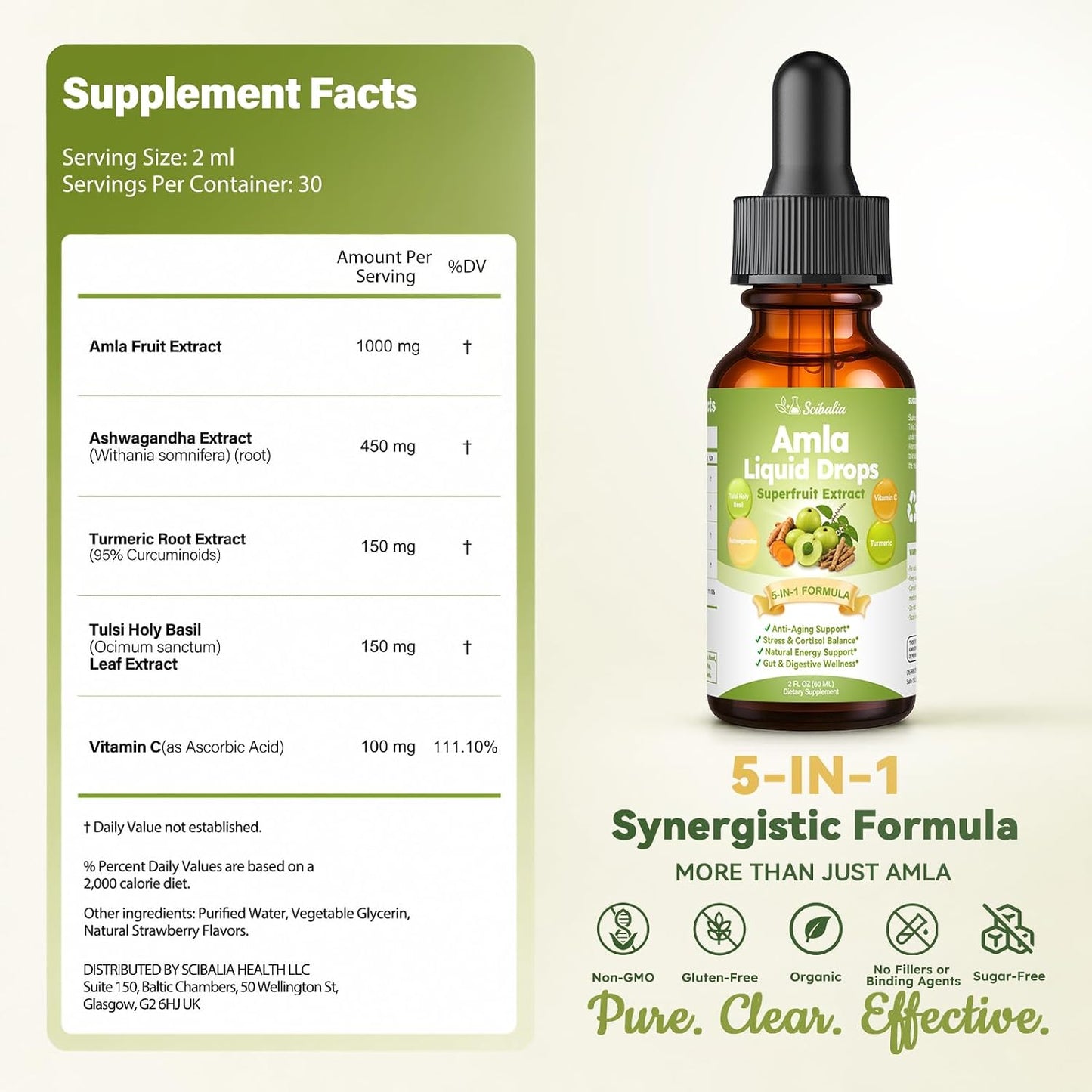 Organic Amla Liquid Drops, Indian Gooseberry Amla Superfruit Extract 1000mg | Advanced 5-in-1 Amla Herbal w. Ashwagandh Turmeric Tulsi for Antioxidant Energy & Digestive Hair Ayurvedic Daily Wellness
