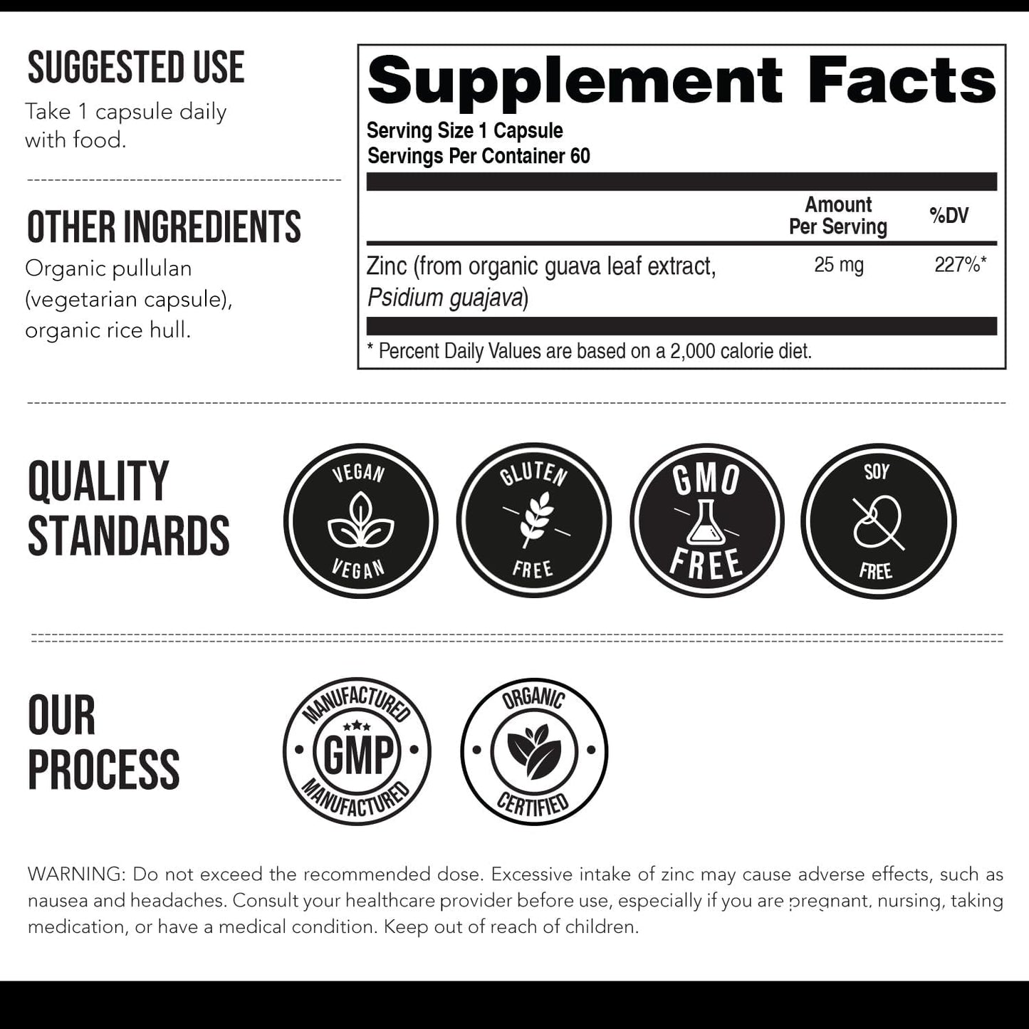 Organic Zinc 25 mg | Whole Food zinc Supplements | Derived from Organic Fruit, Elemental Zinc - Water Extracted, Vegan, GMO-Free - Essential Mineral, Antioxidant, Immune Support, Skin - 60 Servings