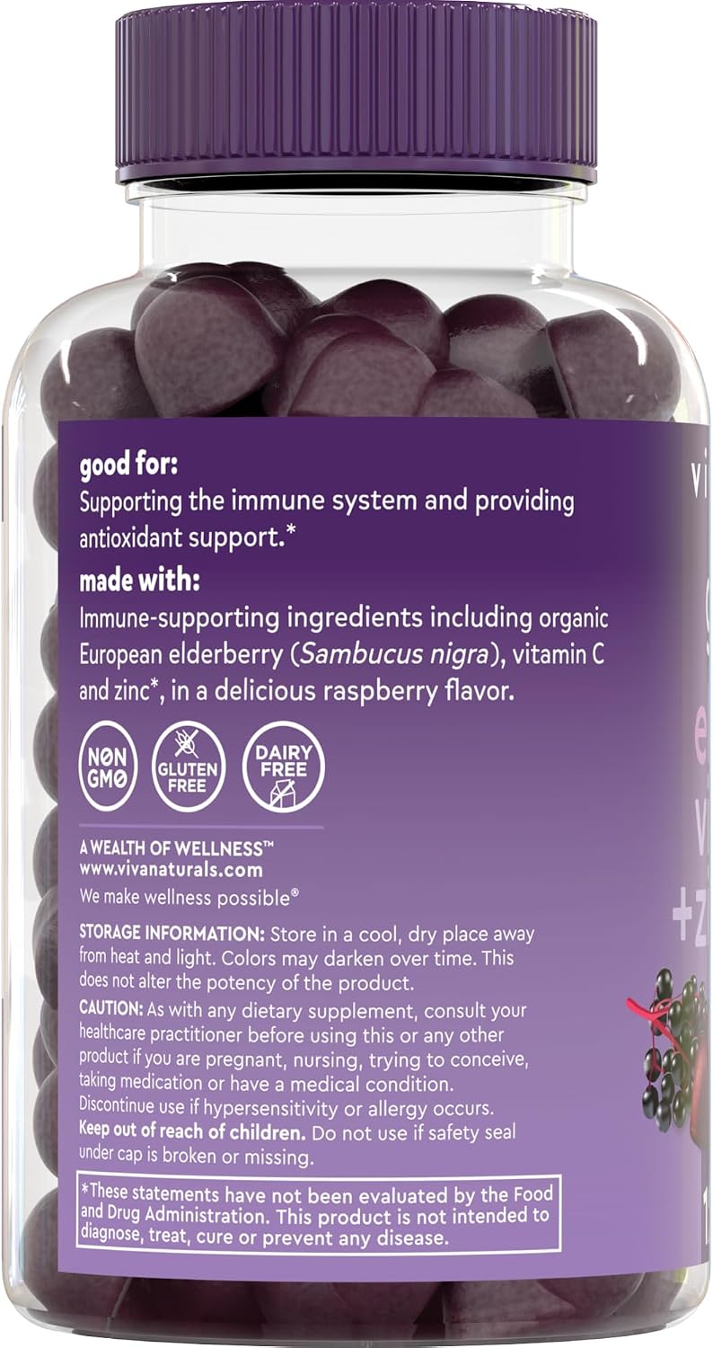 Viva Naturals Black Elderberry Vitamin C and Zinc Immune Support Gummies for Adults, Sambucus Elderberry Gummies with Raspberry Rush Flavor, USDA Organic, Non-GMO, (120 Count)
