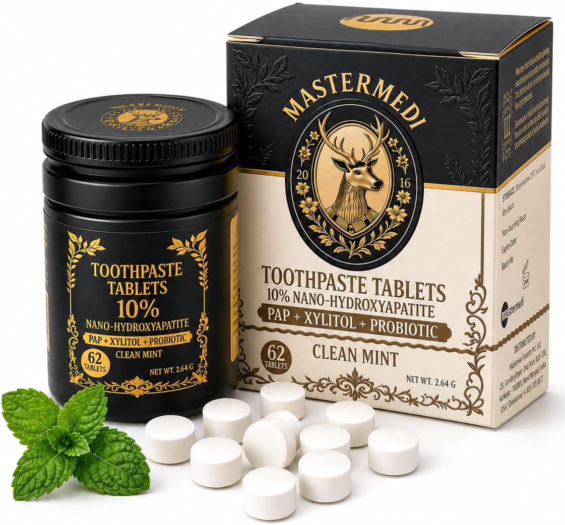 MasterMedi Toothpaste Tablets with 10% Nano-Hydroxyapatite (nHa) | 62 Tablets | Fluoride Free & SLS Free Toothpaste | Chewable Toothpaste Tablets for Teeth Cleaning | Peppermint Flavor