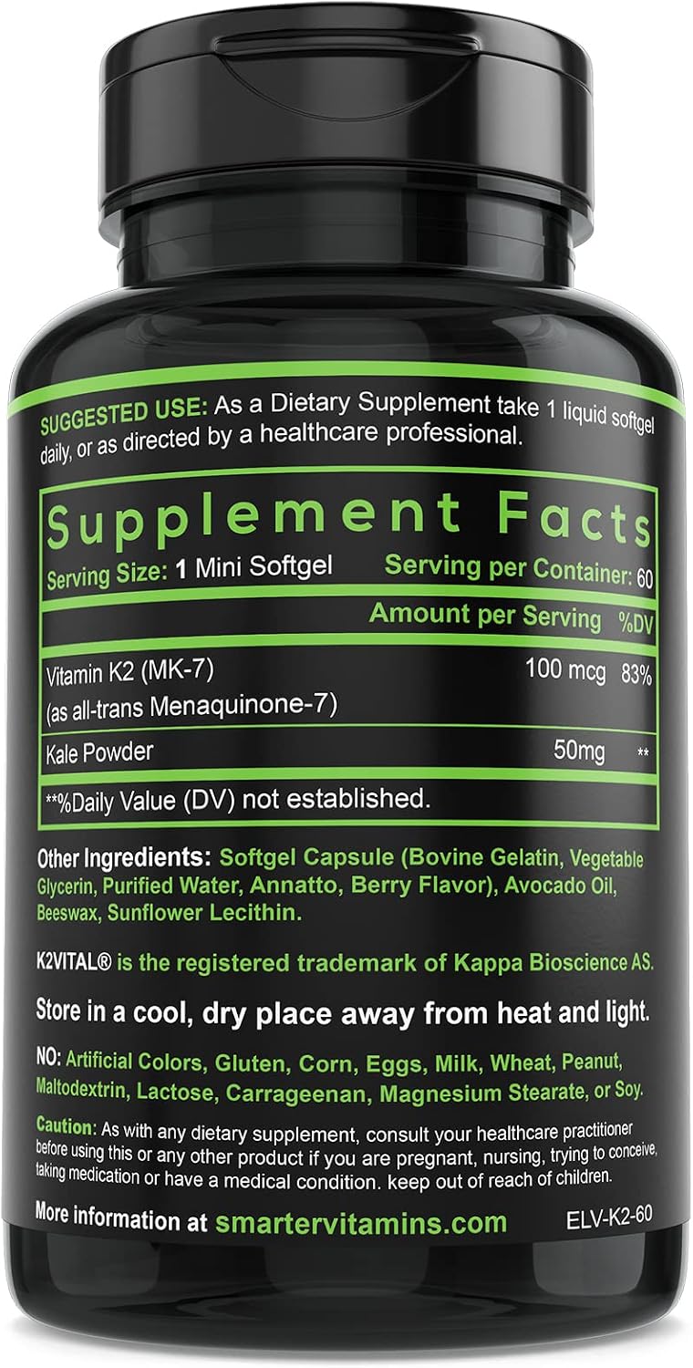 Vitamin K2 MK7 100mcg with K2VITAL for Bone & Heart Support – 60 Softgels | Made with K2VITAL MK-7 and kale powder in convenient liquid softgels for daily vitamin K2 supplementation.