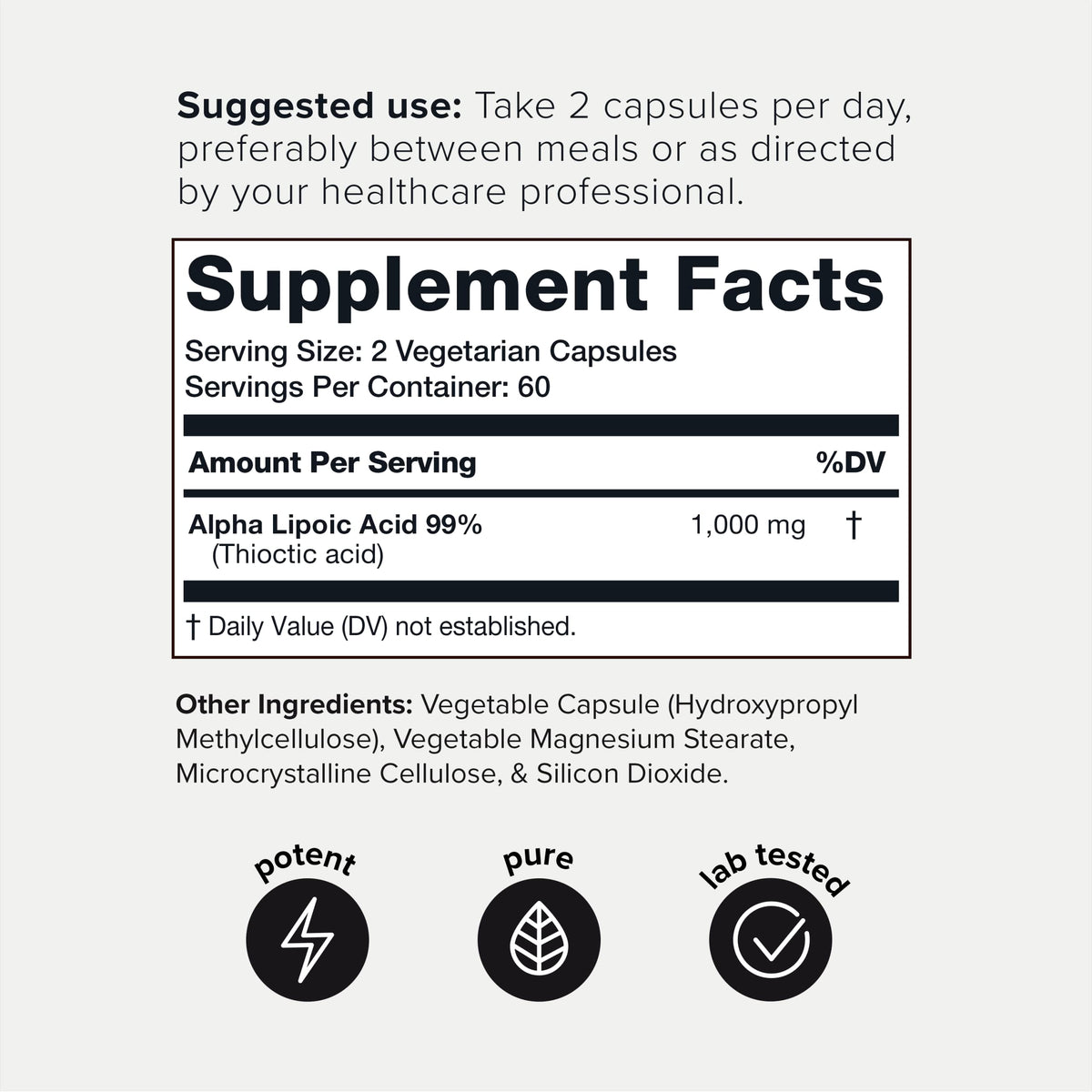 Toniiq 1000mg Ultra High Strength Alpha Lipoic Acid Capsules - Highly Purified 99%+ USP