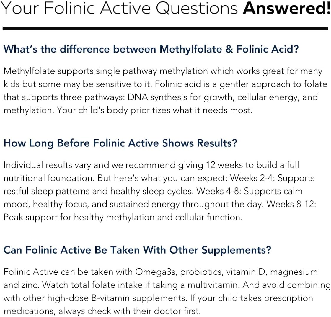 Organic FolinicActive Kids - Folinic Acid + B12, B6 & B2 Cofactors - Gentle Methylation Support for Mood, Energy & Cognition, Age Adjustable Dosing for Kids 1-18, Non GMO, Vegan, Berry Flavor (60mL)