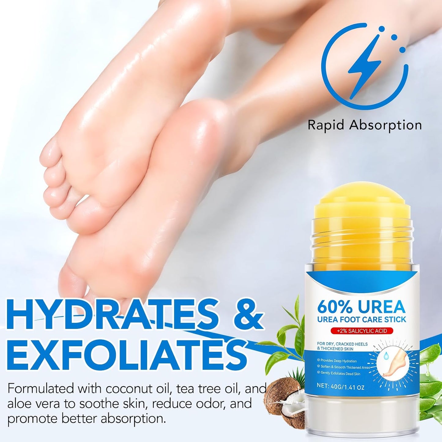 Urea Foot Cream Stick, 60% Urea Cream with 2% Salicylic Acid Foot Care Stick Moisturizer for Dry Cracked Heels, Knees, Hands, Moisturizes & Hydrates Dry Skin, Callus Remover & Skin Softener 1.41 oz