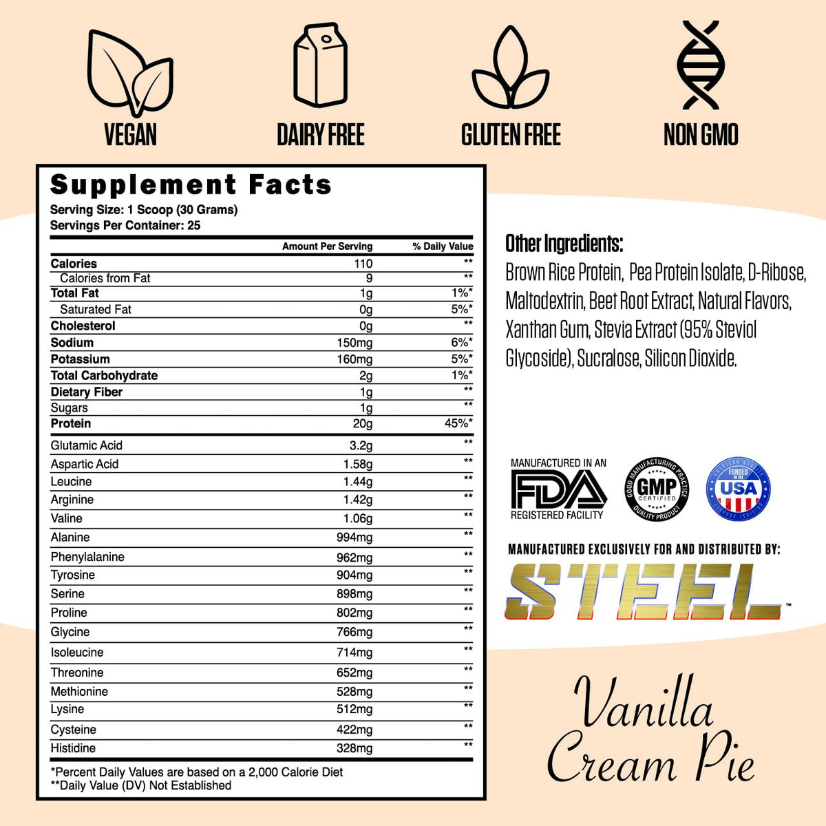 Steel Supplements Veg-PRO | Vegan Protein Powder, Vanilla Cream Pie | 25 Servings
