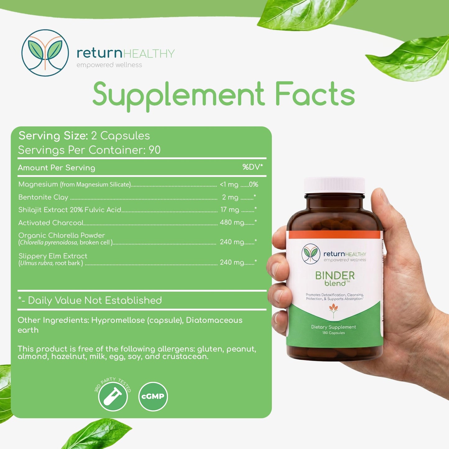 Binder Blend - Toxin Binder Supplement, Detox Capsules for a Healthy Gut - 180 Capsules - 90 Servings - 960mg Activated Charcoal & 480mg Organic Chlorella - Bloating Relief - Bentonite Clay