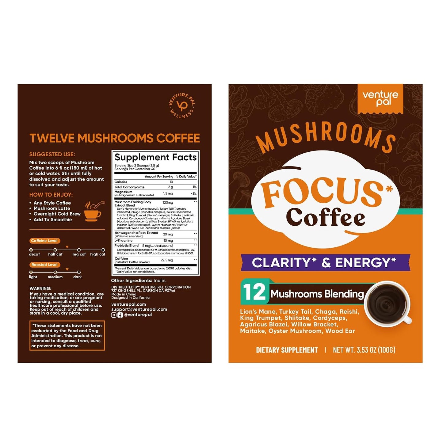 Venture Pal Mushroom Coffee, 12 Mushrooms, Focus & Digestion, 40 Servings | 12 Adaptogenic Mushrooms with Lion's Mane, Cordyceps, Reishi, Turkey Tail, Ashwagandha & Probiotics, Low Caffeine & Calories