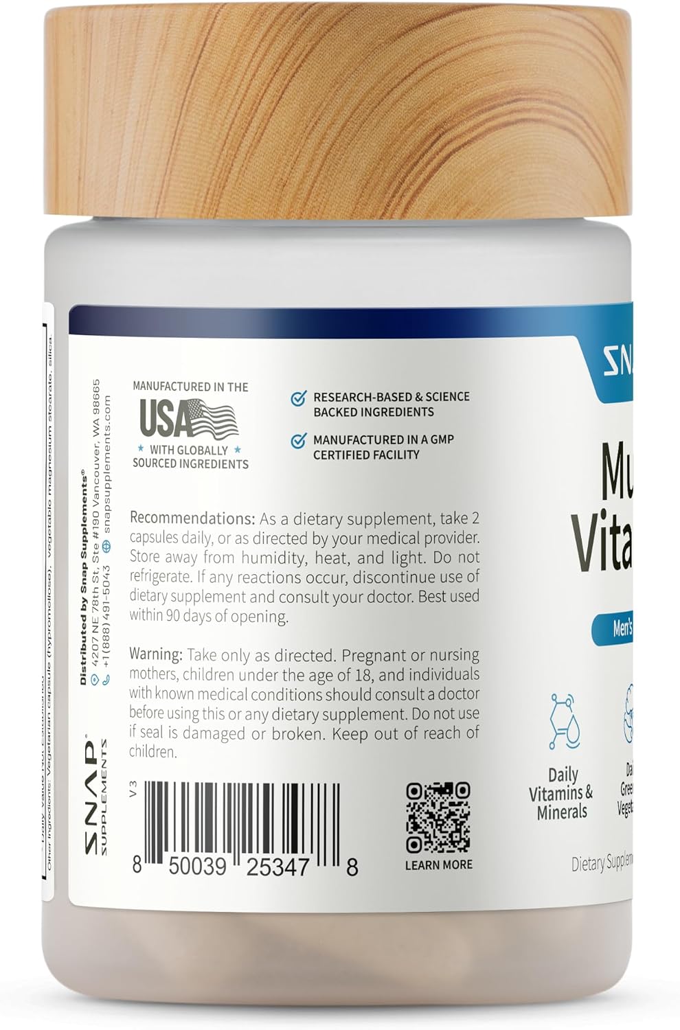Snap Supplements Men's Daily Multivitamins, 60 Capsules, 30-Day Supply | Daily Vitamins & Minerals for Men - Vitamin D, B12, Zinc, Herbs & Vitamin C for Energy & Immune Support, Multivitamin for Men