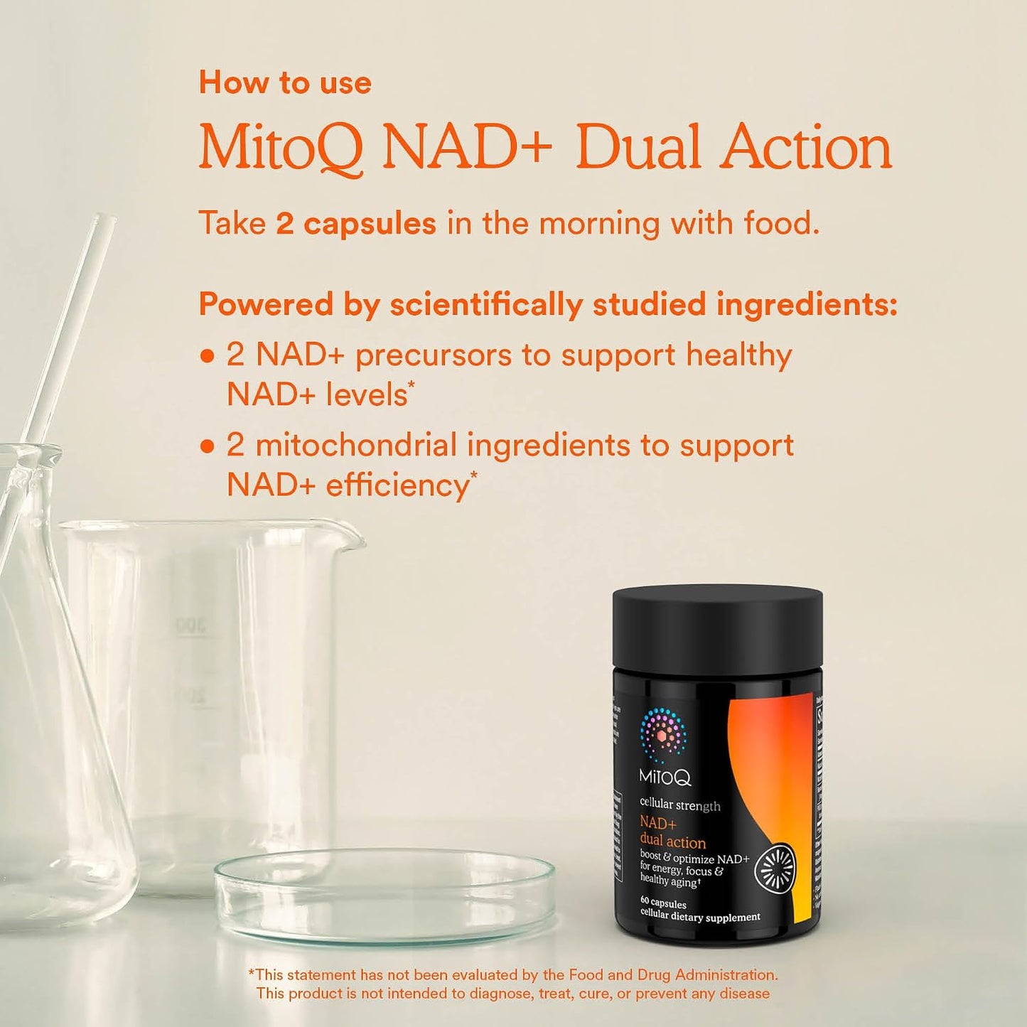 MitoQ NAD+ Dual Action Supplement - NAD+ Supplement with Nicotinamide Riboside (NR), Niacinamide, Resveratrol, & PQQ - Supports Cellular Energy, Focus, Mental Clarity, & Healthy Aging (60 Capsules)