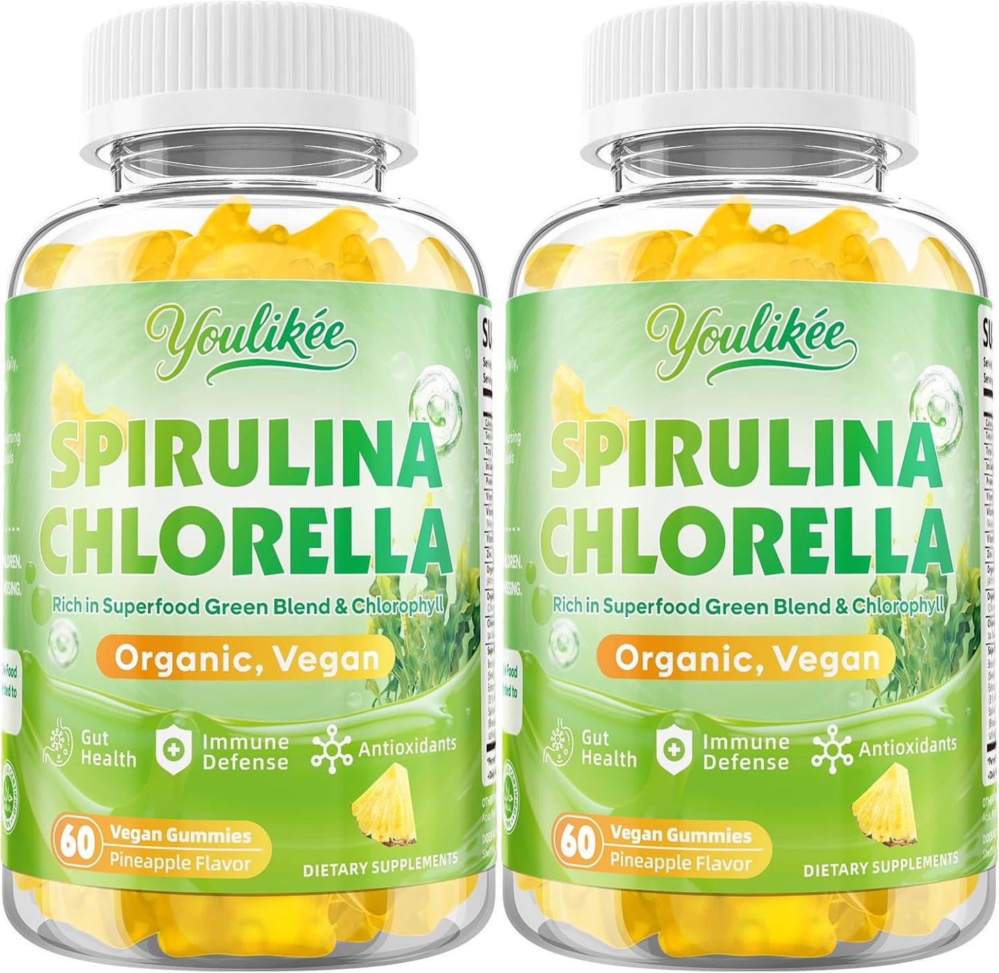 2 Pack Spirulina Chlorella Gummies, Supports Daily Energy & Immune System | Super Greens Blend with Protein, Chlorophyll, Vitamin C, D3, B12, Zinc, Pineapple Flavor, 120 Count