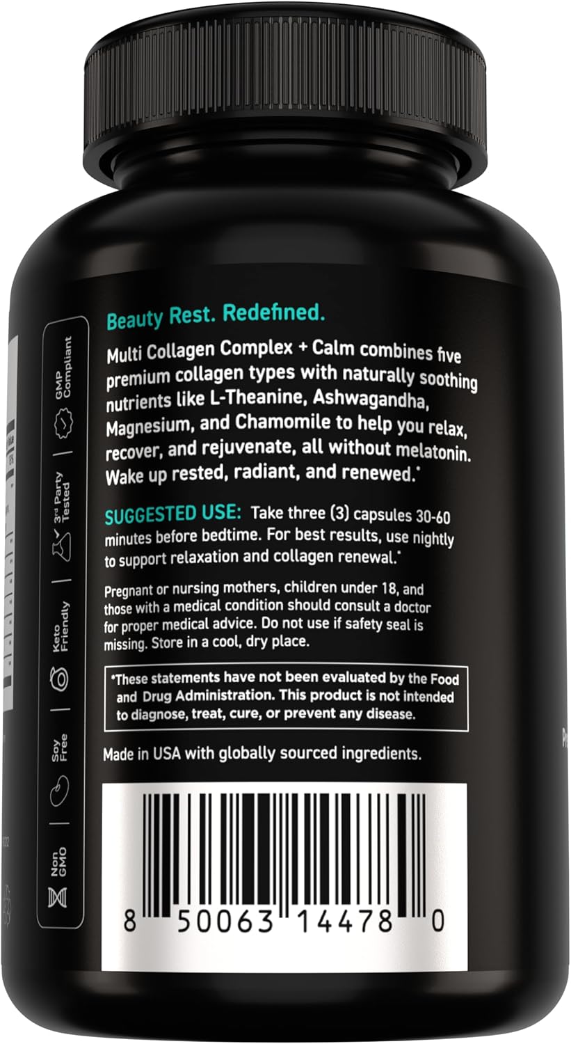 Vital Vitamins Multi Collagen Complex + Calm with Ashwagandha, 90 Capsules | Melatonin-Free Relaxation, 5 Collagen Types I, II, III, V & X with L-Theanine, Ashwagandha, GABA & Magnesium Glycinate