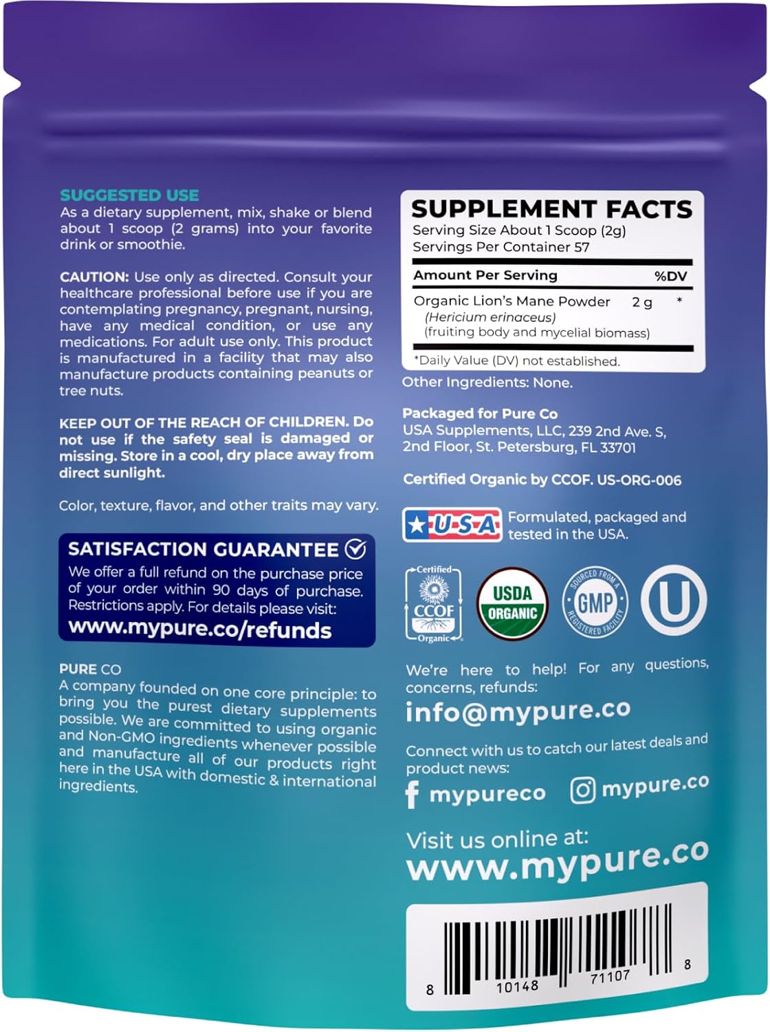 USDA Organic Lion's Mane Powder - Lion Mane Mushroom Supplement for Coffee Smoothies & More - Nootropic Brain Supplement for Memory and Focus Support - Vegan Non-GMO & No Fillers (57 Servings)