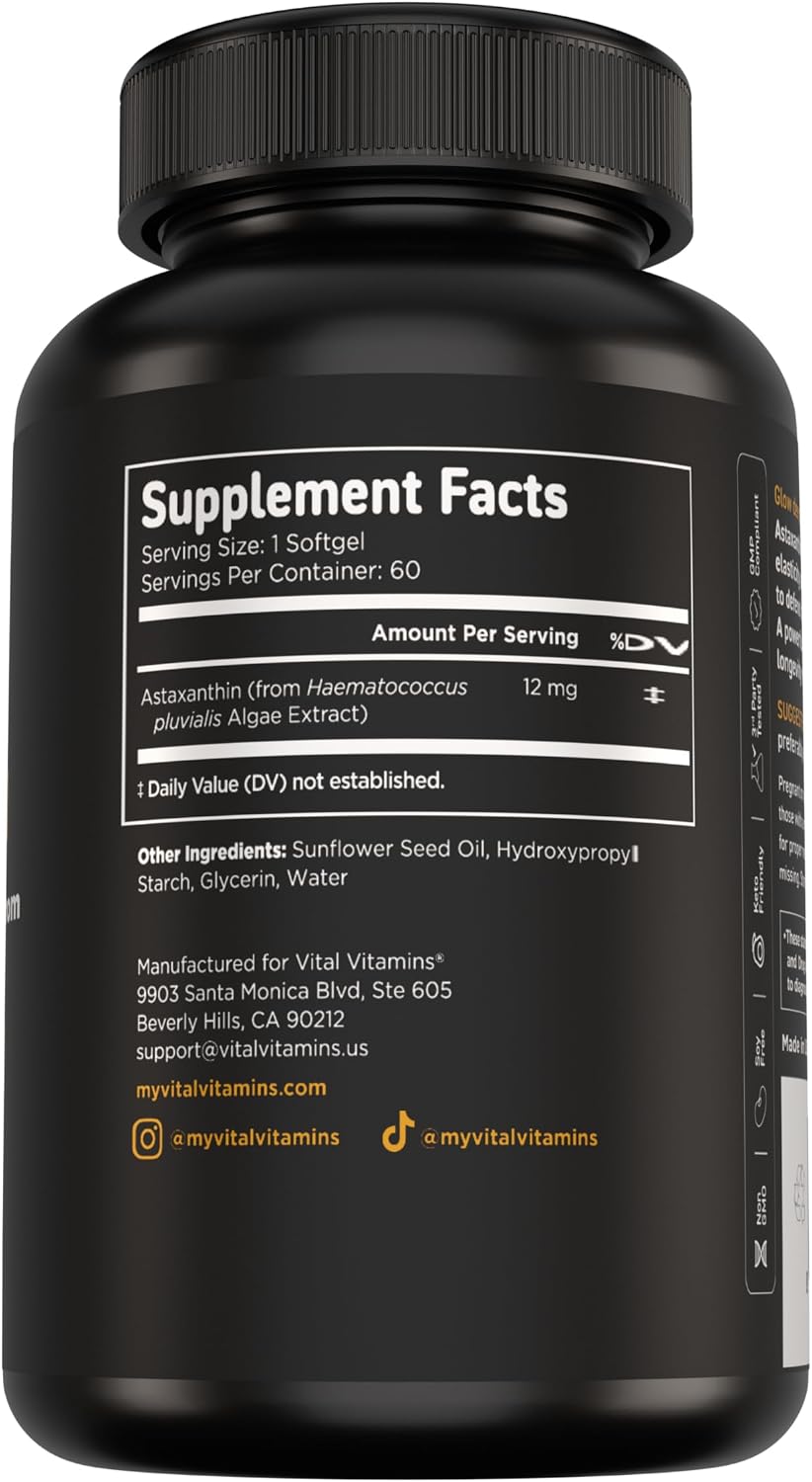Vital Vitamins Astaxanthin 12mg Softgels for Skin Hydration & Elasticity | Natural Astaxanthin from Microalgae, Antioxidant Protection for Skin, Eyes & Exercise Recovery, Vegan, 60 Softgels