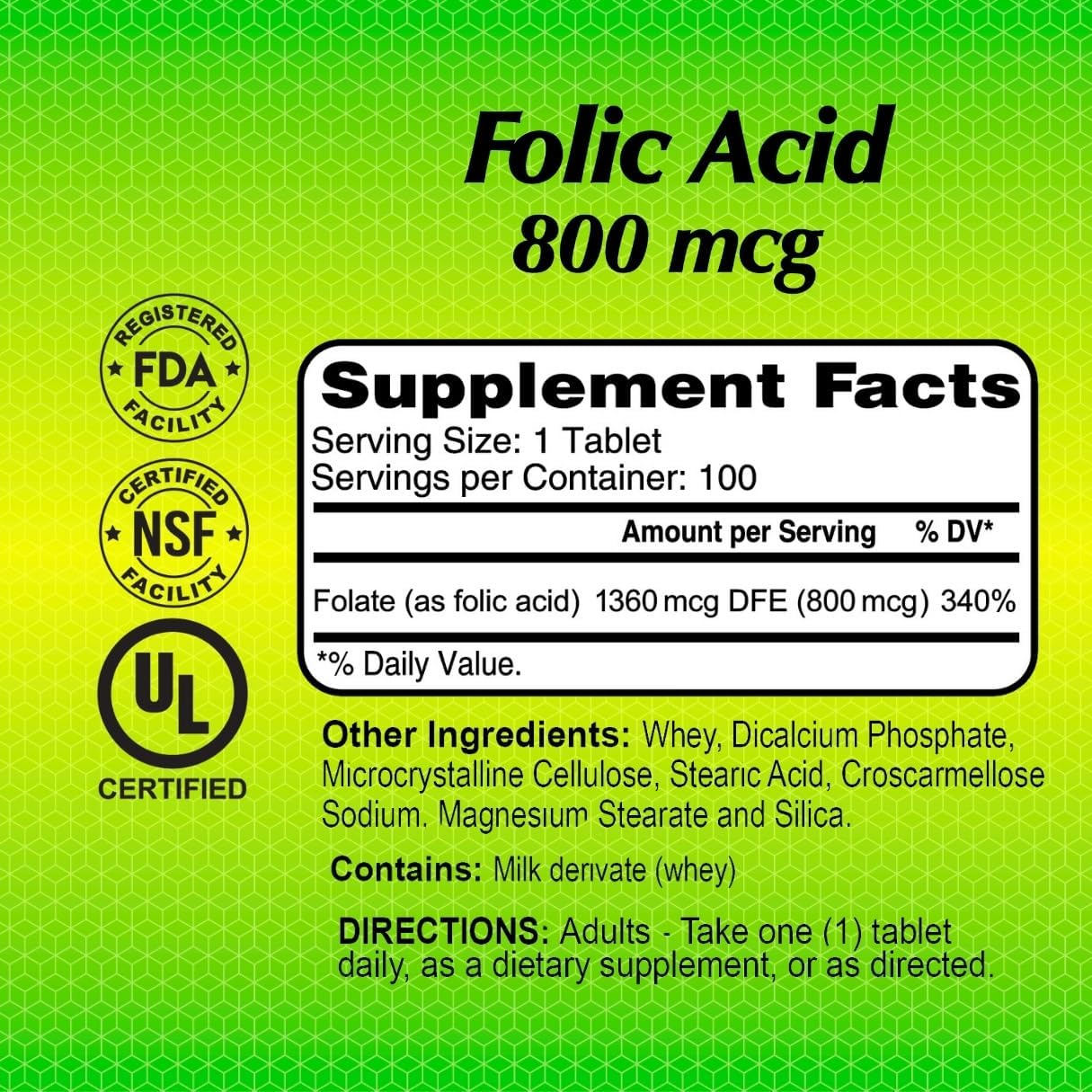 ALFA VITAMINS Folic Acid 800 mcg Prenatal Supplement, Supports Cardiovascular Health, Body & Brain Functions, Red Blood Cell Formation & Healthy Fetal Development, Dietary Supplement, 100 Tablets