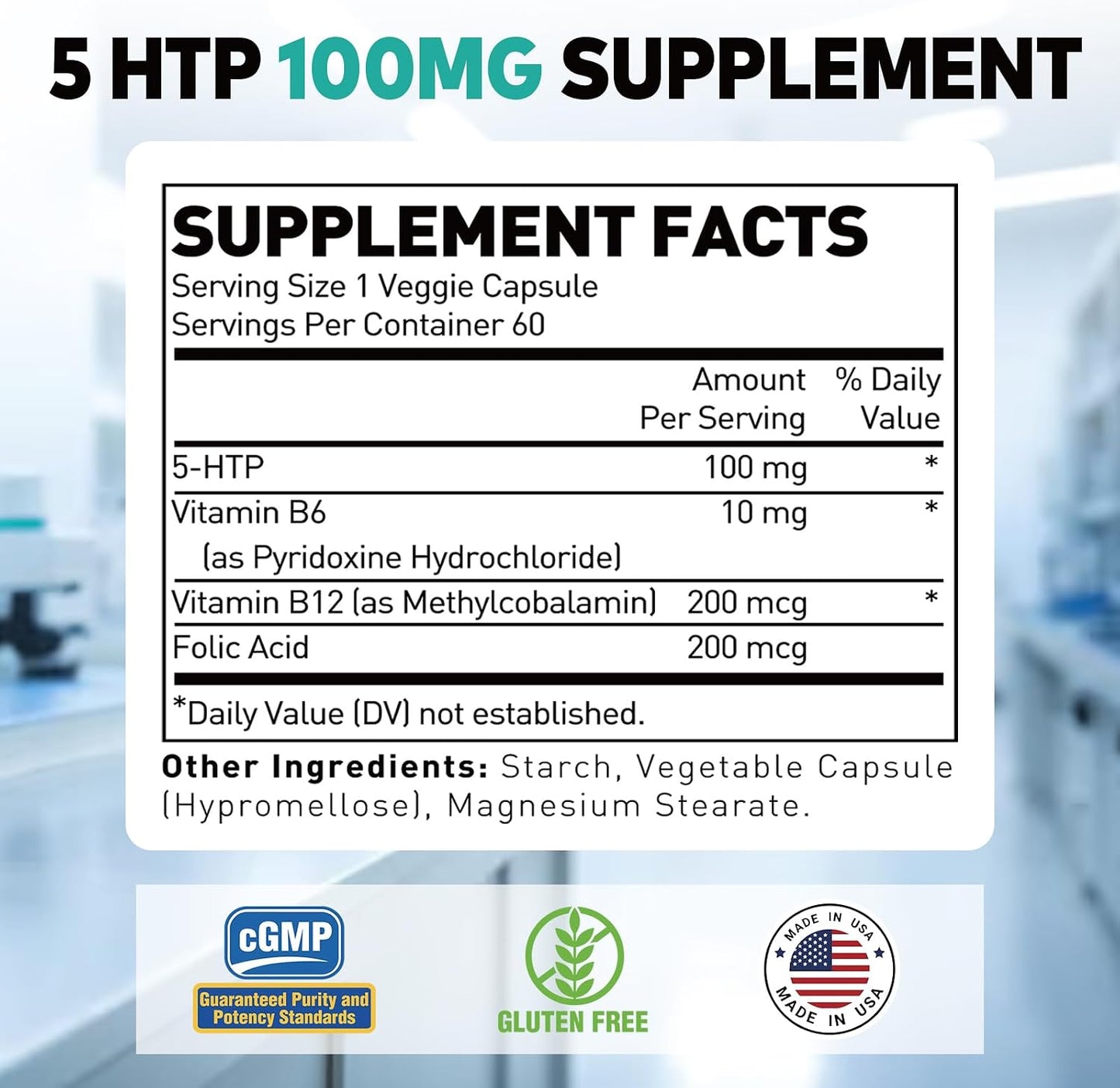 5-HTP 100mg Supplement with B6 & B12, Stress Relief, 60 Capsules | Supports Brain Function & Stress Relief | Enhanced with B6, B12 & Folic Acid | Vegan, Non-GMO, Gluten-Free, Made in USA