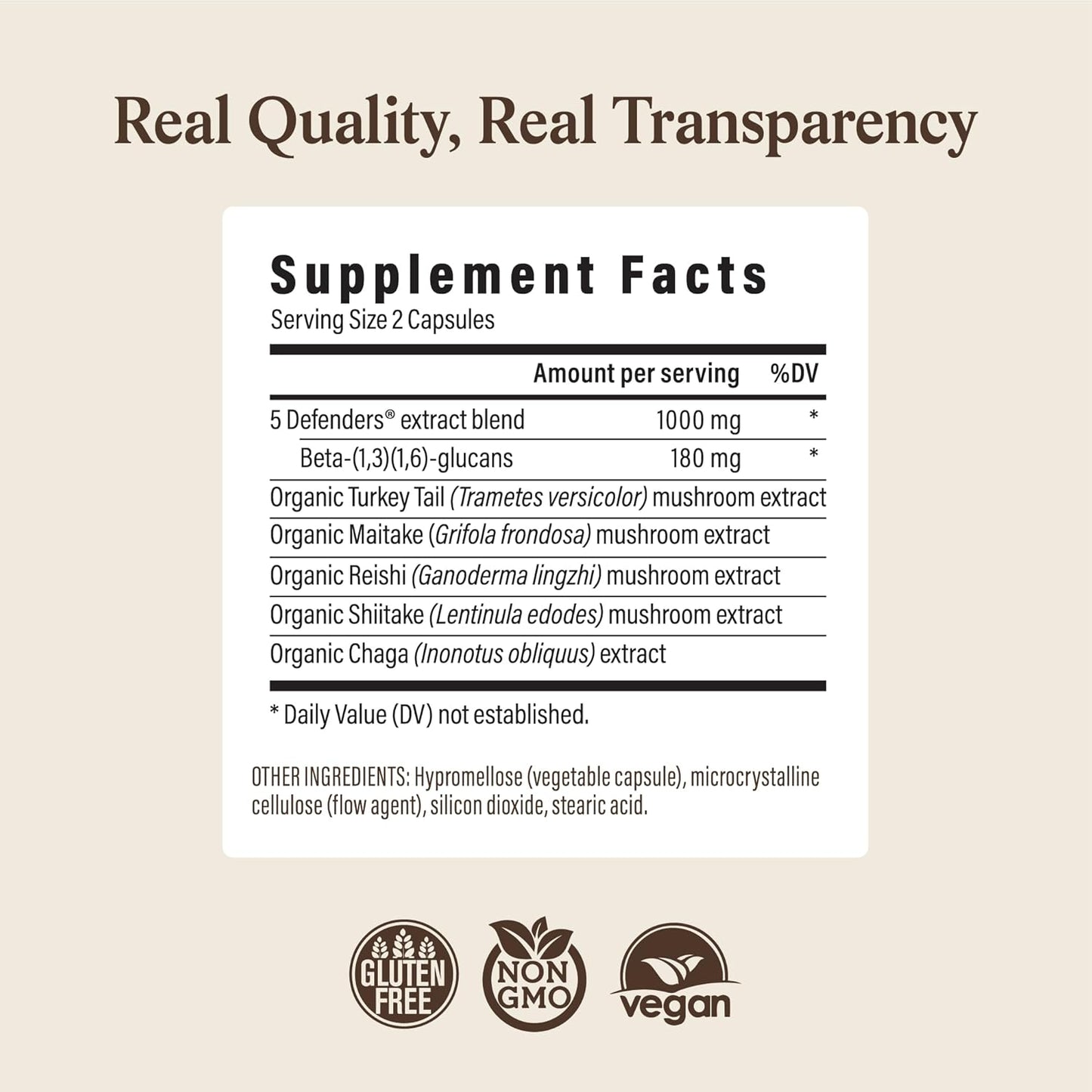 Real Mushrooms 5 Defenders Mushroom Complex – Organic Adaptogenic Mushroom Blend with Chaga, Reishi, Turkey Tail, Maitake & Shiitake for Wellness Support - Mushroom Beta Glucan Capsules - 200 Count
