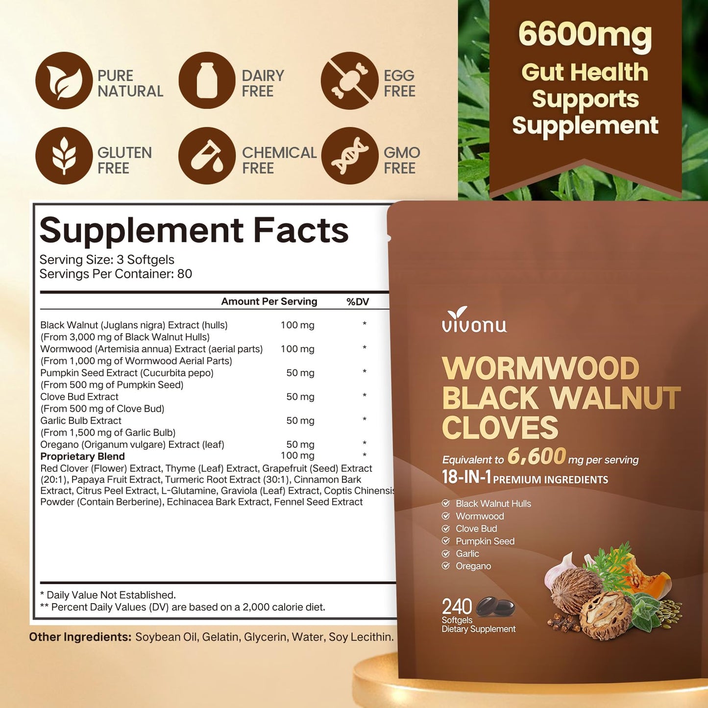 VivoNu 18-in-1 Black Walnut Wormwood, Rapid Gut Cleanse & Digestive Health with Clove, Garlic, Turmeric, Pumpkin Seed, Oregano, Berberine & More, 2 Bag
