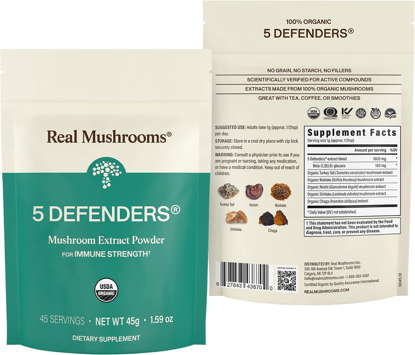 Real Mushrooms 5 Defenders Mushroom Complex - Functional Mushrooms Extract from Chaga, Shiitake, Maitake, Reishi, Turkey Tail Mushroom Blend for Wellness Support with Beta Glucans - 45 Servings